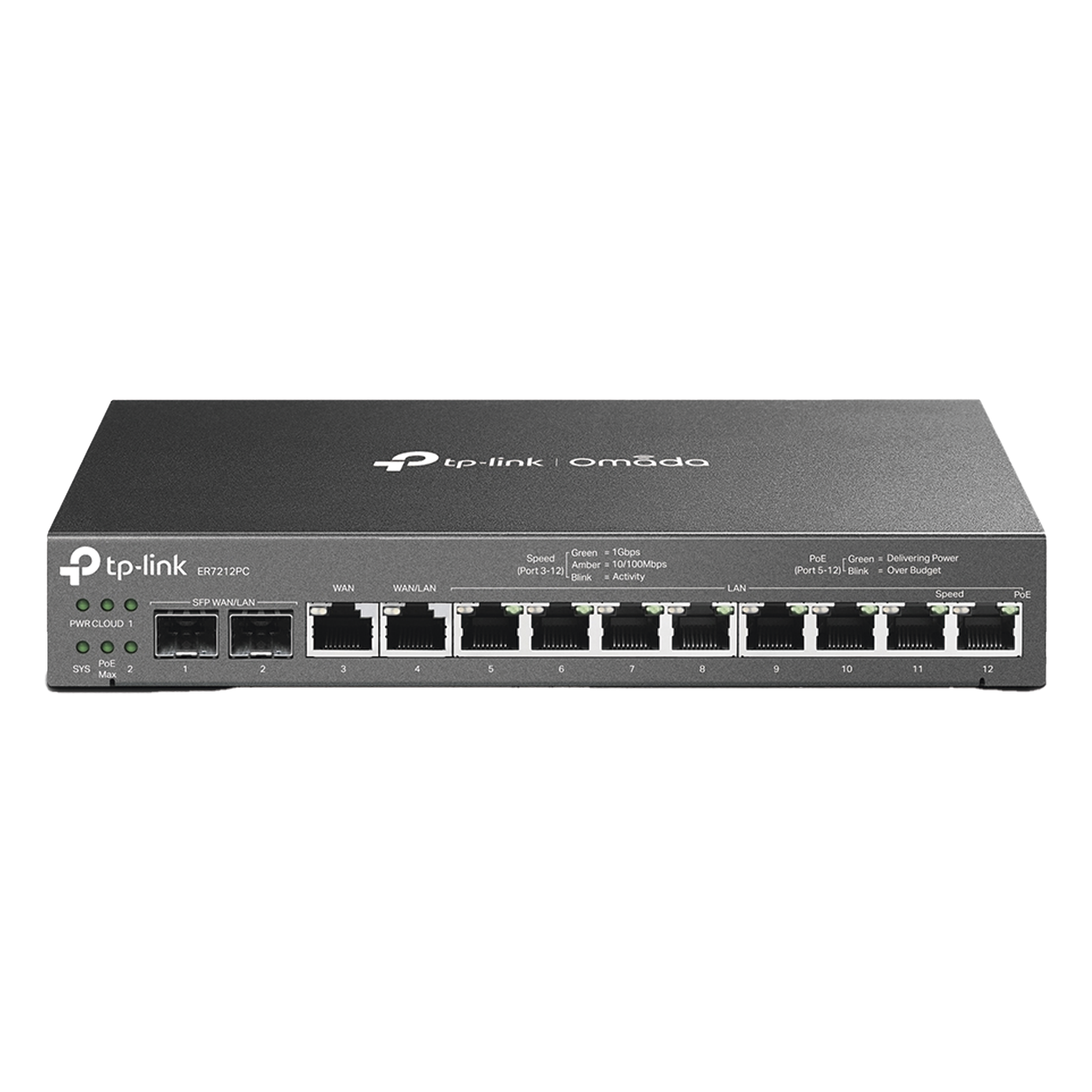 Router Omada VPN / SDN Multi-WAN 1G / Switch con PoE y Controlador / 2 puerto WAN/LAN SFP 1G / 1 Puerto RJ45 WAN / 1 Puerto WAN/LAN RJ45 / 8 Puertos PoE+ LAN RJ45 / 24,980 Sesiones Concurrentes — TP-LINK · SKU ER7212PC