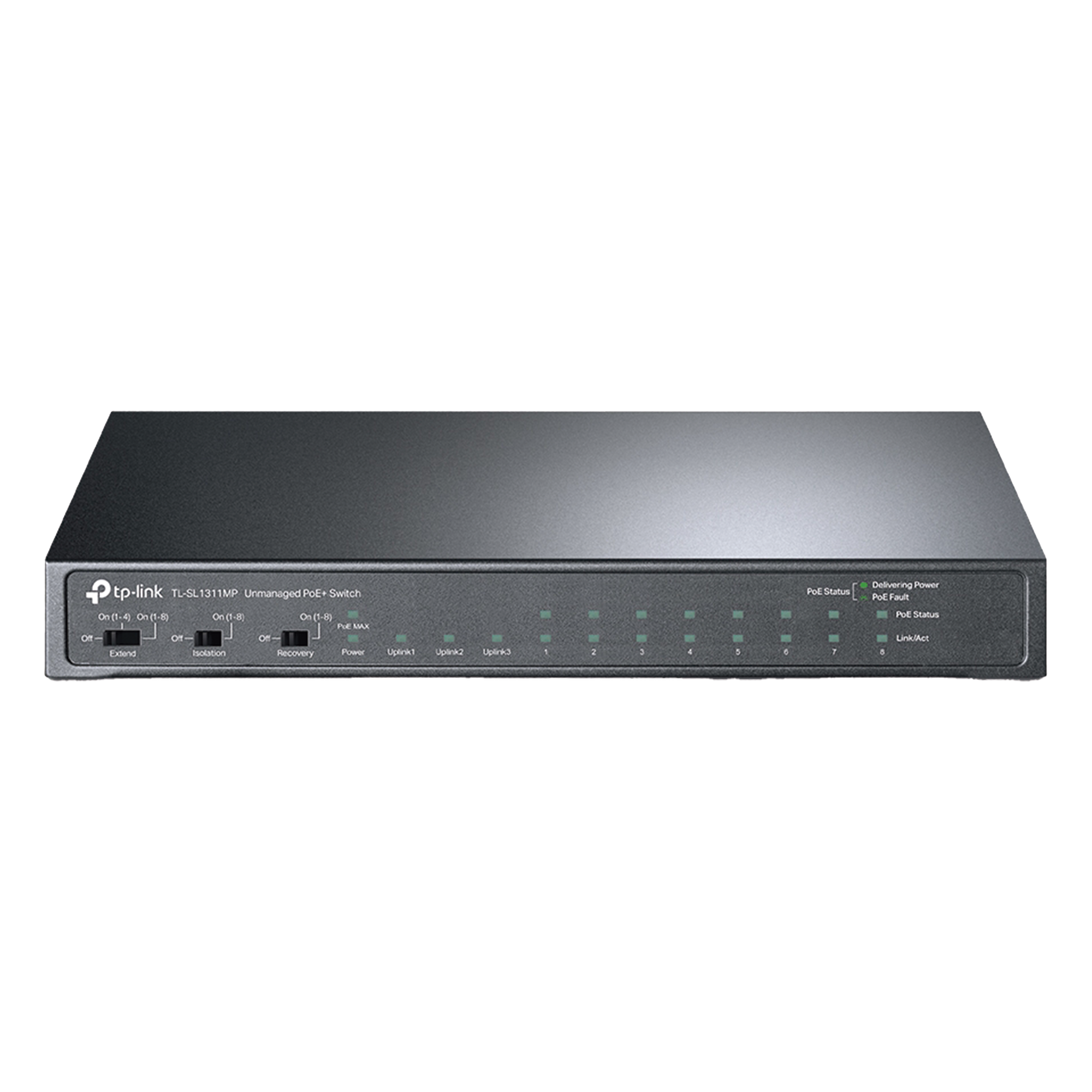 Switch PoE+ No Administrable de Escritorio / 11 Puertos / 8x PoE+ 10/100 Mbps / 2x Gigabit / 1x SFP / Presupuesto 124 W / Alcance Extendido 250 m / 0.56 x 0.32 x 0.09 ft — TP-LINK · SKU TL-SL1311MP
