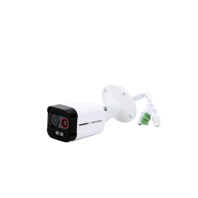 Cámara Bala IP Térmica y Óptica Biespectral / Análisis de Video (VCA) para Protección Perimetral / Clasifica Vehículo y Humano / Térmica 96 x 72 / Óptica 4 MP ColorVu / IP67 / micro SD de 256 GB/ PoE
