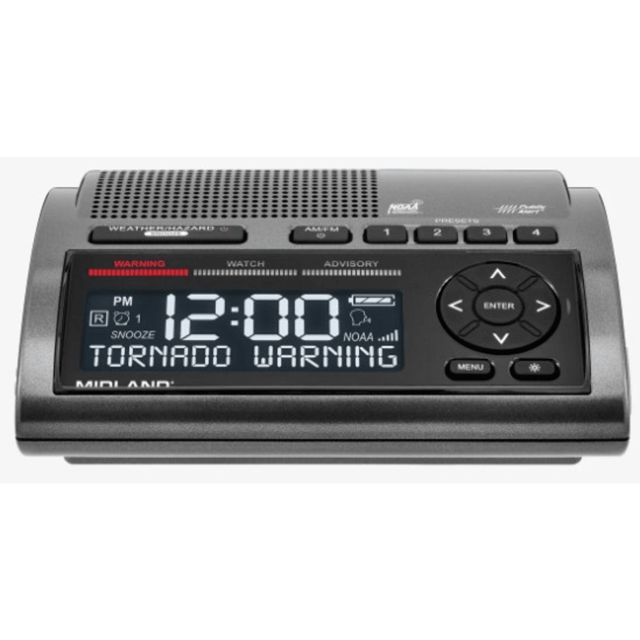 Radio de Alerta Meteorológica WR400 / 7 Canales NOAA y Environment Canada / Almacena 10 Alertas / Sirena de 85 dB / Reloj Dual con Alarma / Carga USB / Certificado Public Alert — MIDLAND · SKU WR400