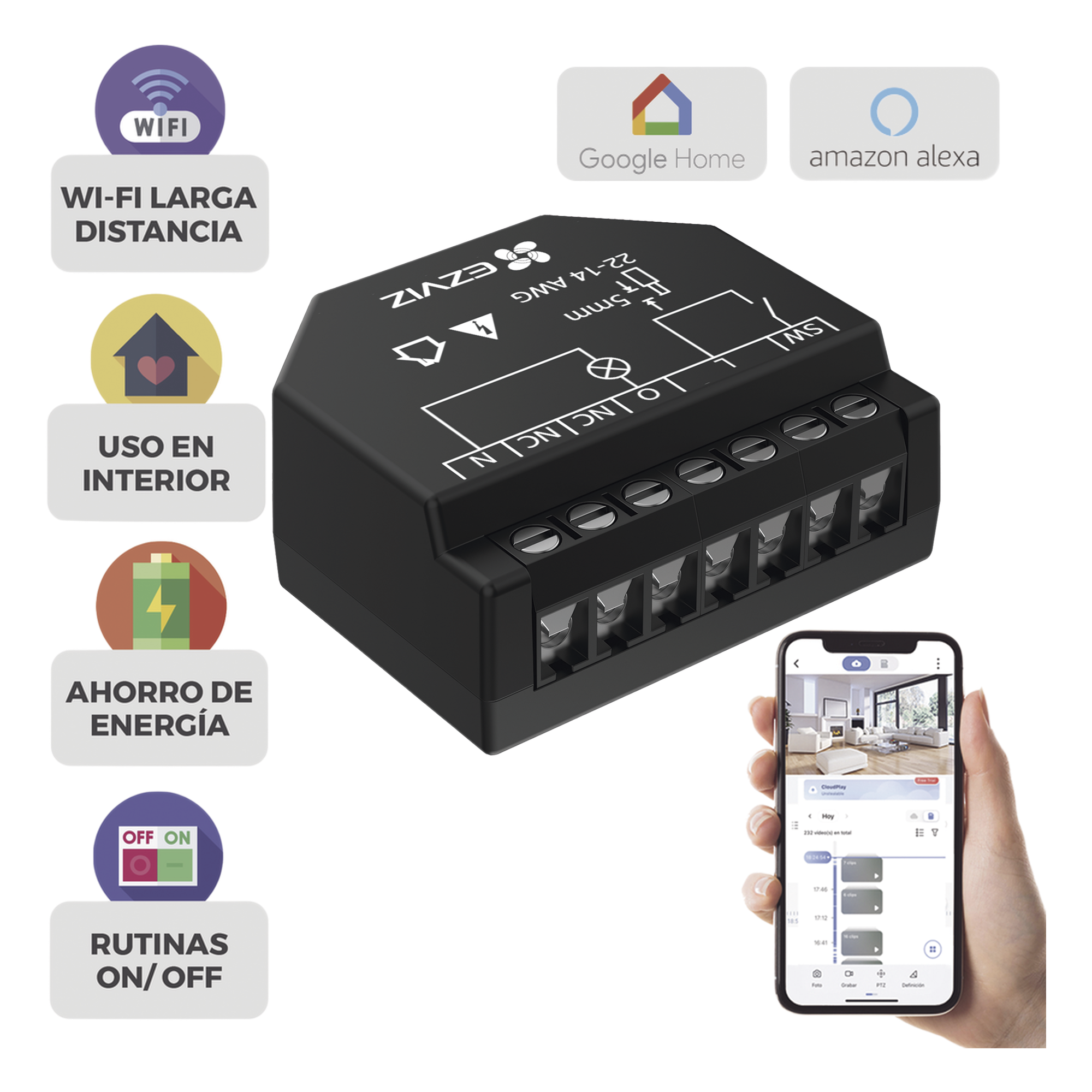 Relevador Wi-Fi Inteligente / Ideal Para Control de Iluminación / 1 Salida para un Apagador / Control Remoto / Horarios Personalizados / Registro de Consumo — EZVIZ · SKU CS-T35