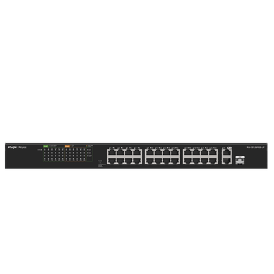 Switch PoE+ no Administrable, hasta 180 Watts Ideal para CCTV, 24 Puertos 10/100 PoE+, 2 Uplinks Gigabit (1 SFP COMBO) — RUIJIE · SKU RG-ES126FGS-LP