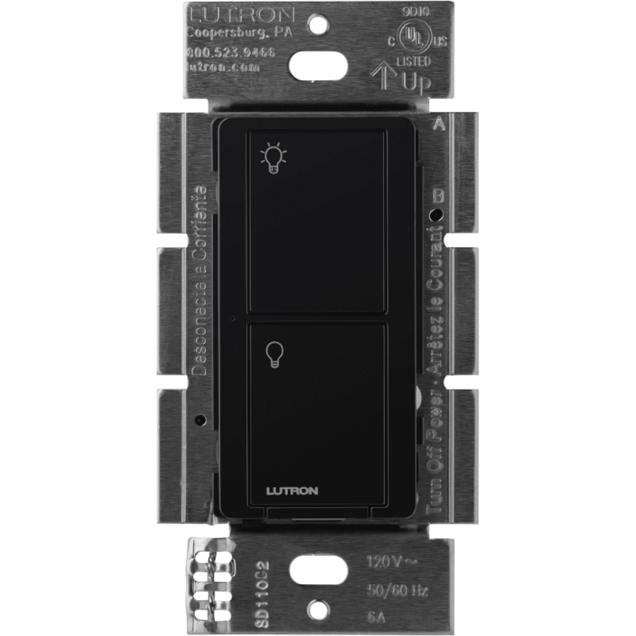 Interruptor de pared inteligente on/off Caseta Wireless de 5 A y 120/277 V, sin cable neutro, compatible con controles Pico y Smart Bridge, color negro — LUTRON CASETA WIRELESS · SKU PD5WSDVBL