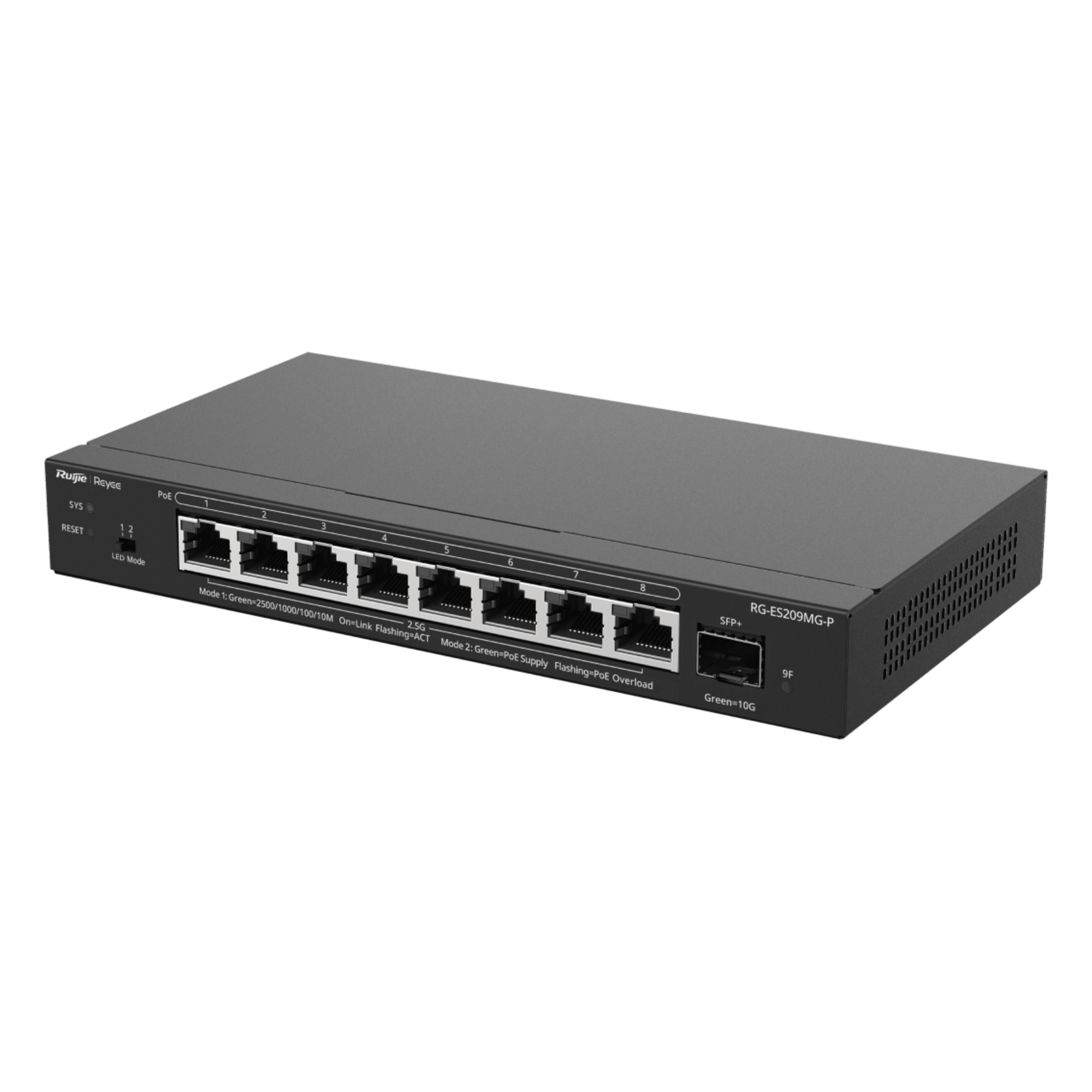 Switch Administrable Capa 2 con PoE+ Multi-Gigabit, 8 puertos 2.5Gb y 1 SFP+ 10G, hasta 130w — RUIJIE · SKU RG-ES209MG-P