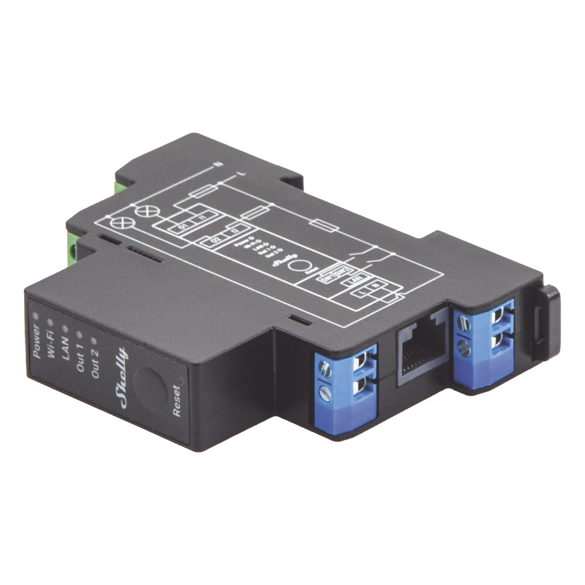 Relevador inalámbrico inteligente WIFI y Ethernet / Industrial y residencial / Hasta 16A / 2 canales — SHELLY · SKU SHELLYPRO2PM