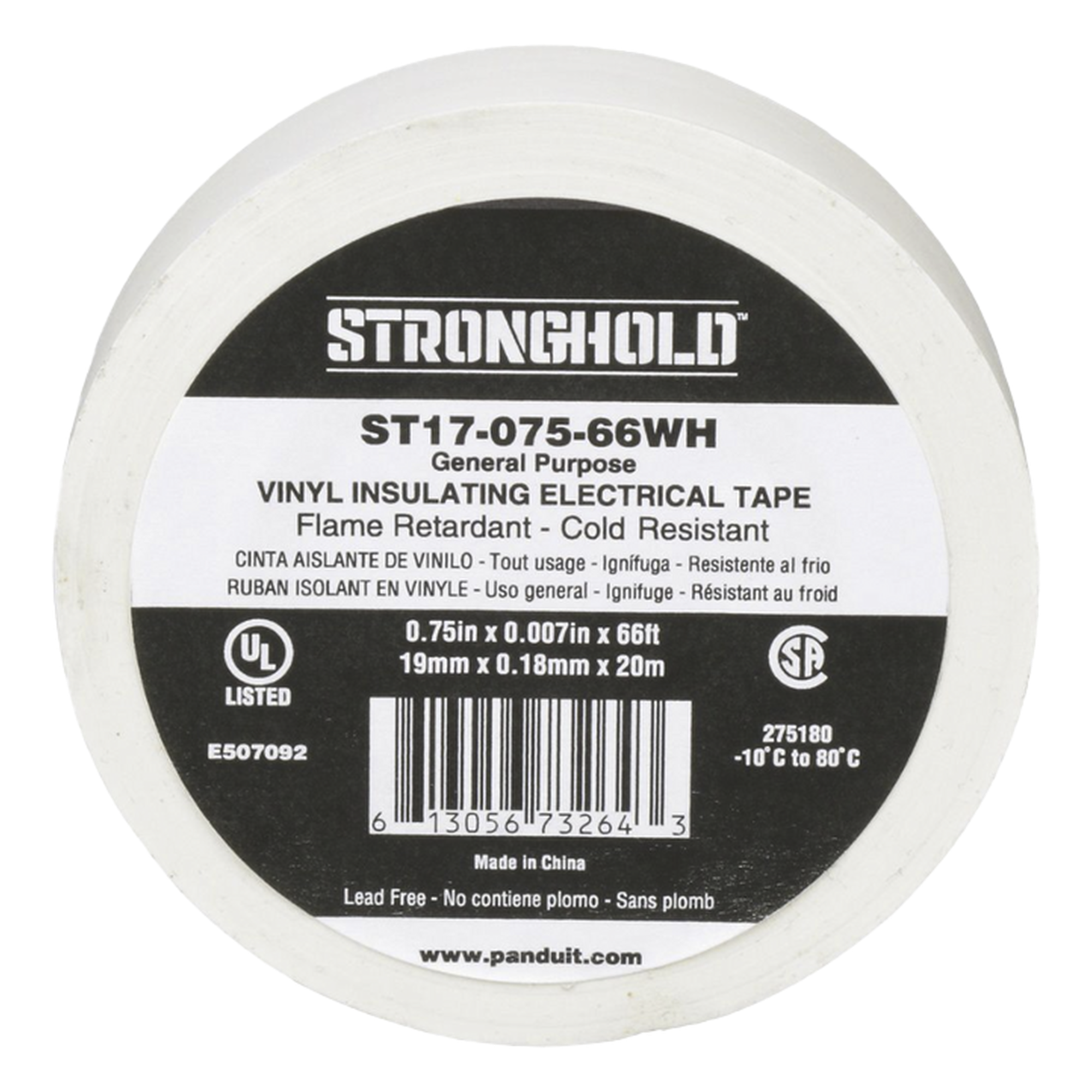 Cinta Eléctrica STRONGHOLD para Aislar, de PVC, Uso General Reparación y Mantenimiento, Grosor de 0.18mm (7 mil), Ancho de 19mm, y 20.12m de Largo, Color Blanco — PANDUIT · SKU ST17-075-66WH