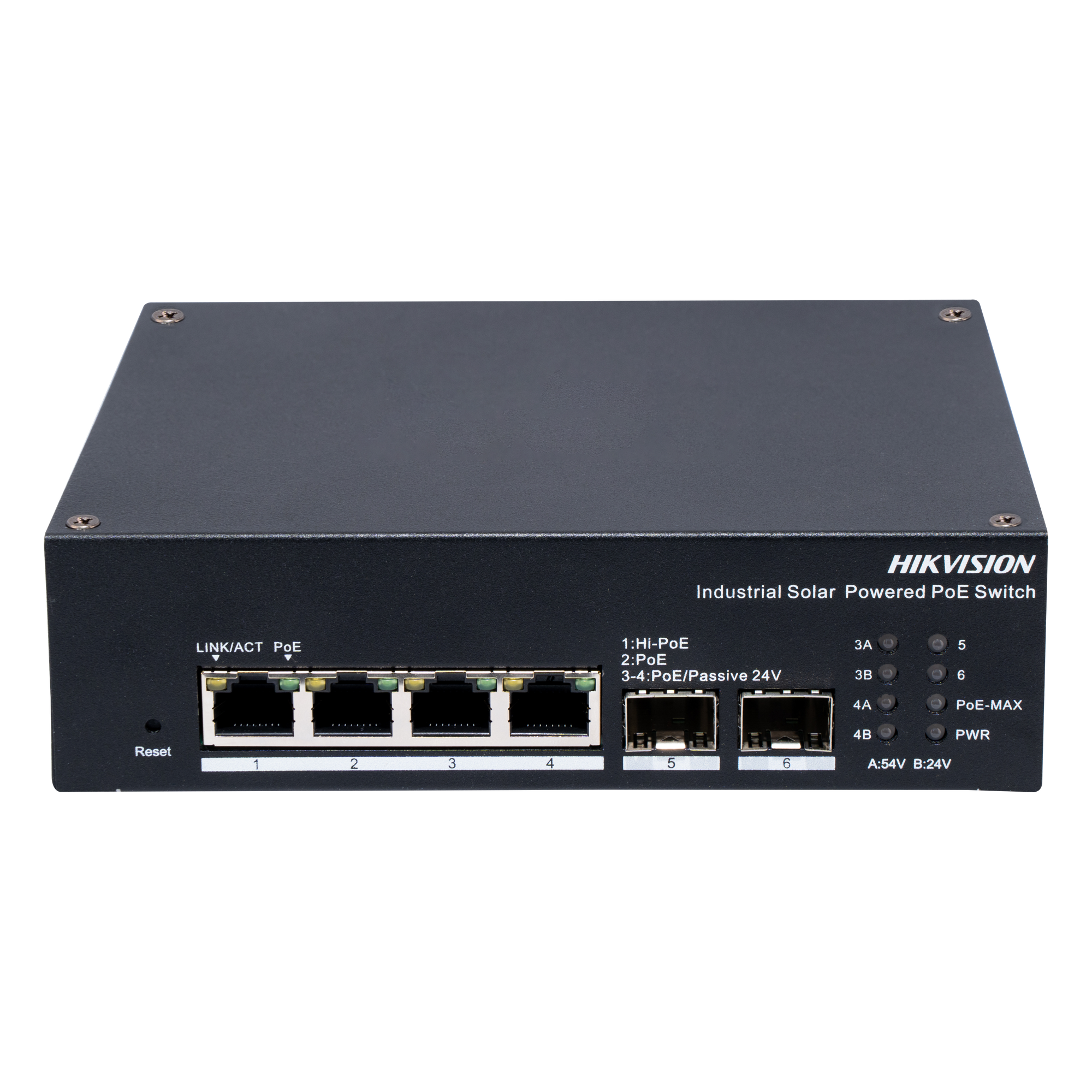 Switch Industrial con UPS / Administrable Gigabit / 3 Puertos Gigabit PoE+ (30 W) + 1 Puertos Gigabit PoE++ (90 W) / 2 Puertos SFP / 120 W Total / 48 a 57 VCD / Ideal para Proyectos / 300 Metros de Distancia — HIKVISION · SKU DS-3T1506HP-EI-UPS
