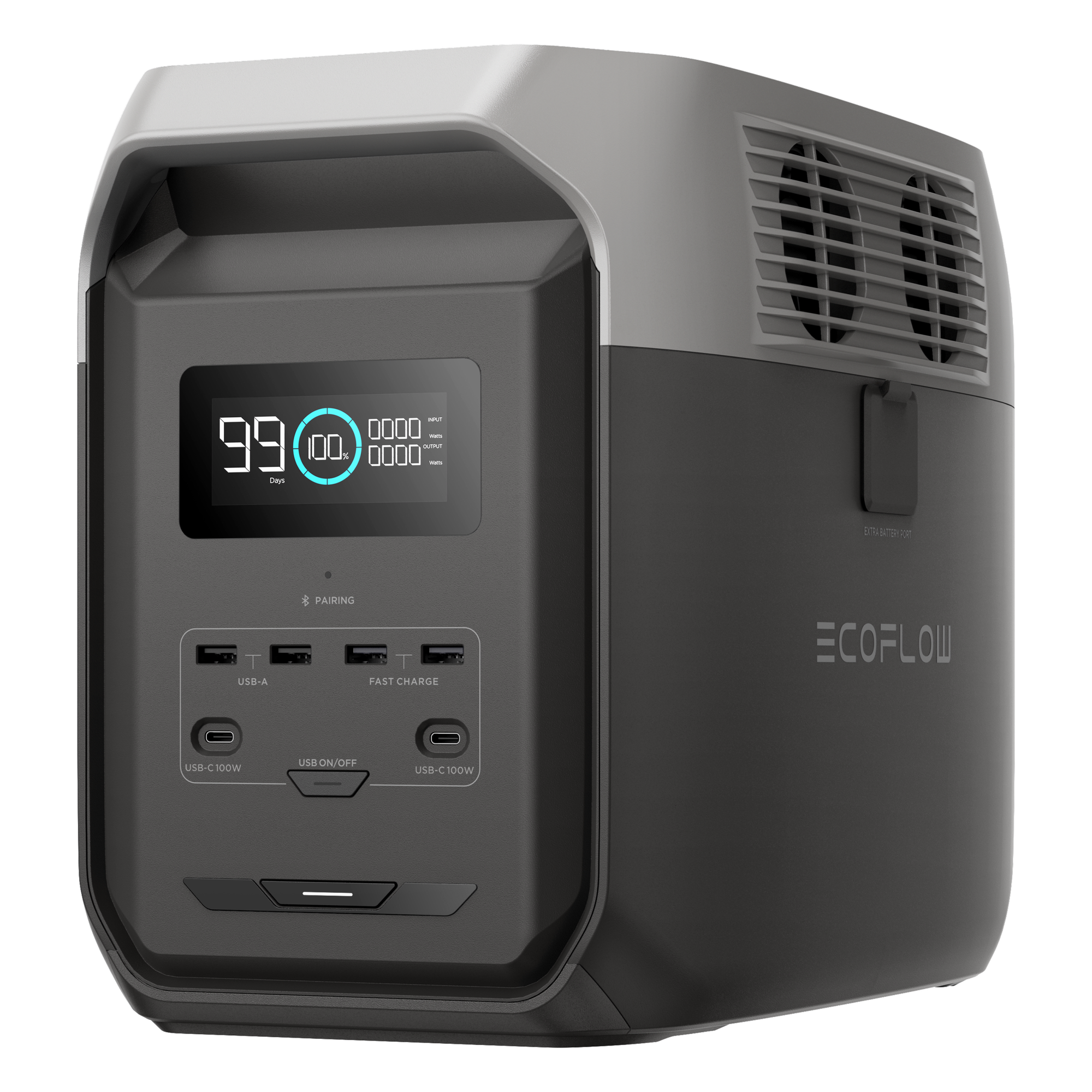 Estación de Energía Portátil Delta 3 1536Wh Litio LFP / 6 AC 1800 W (Max. 3600W) / 2 USB-C 100W / Capacidad para Aumentar Respaldo / Cargador de Coche 10A a 12.6V / Conectividad WiFi y Bluetooth (App) / Carga Solar 500W Max.