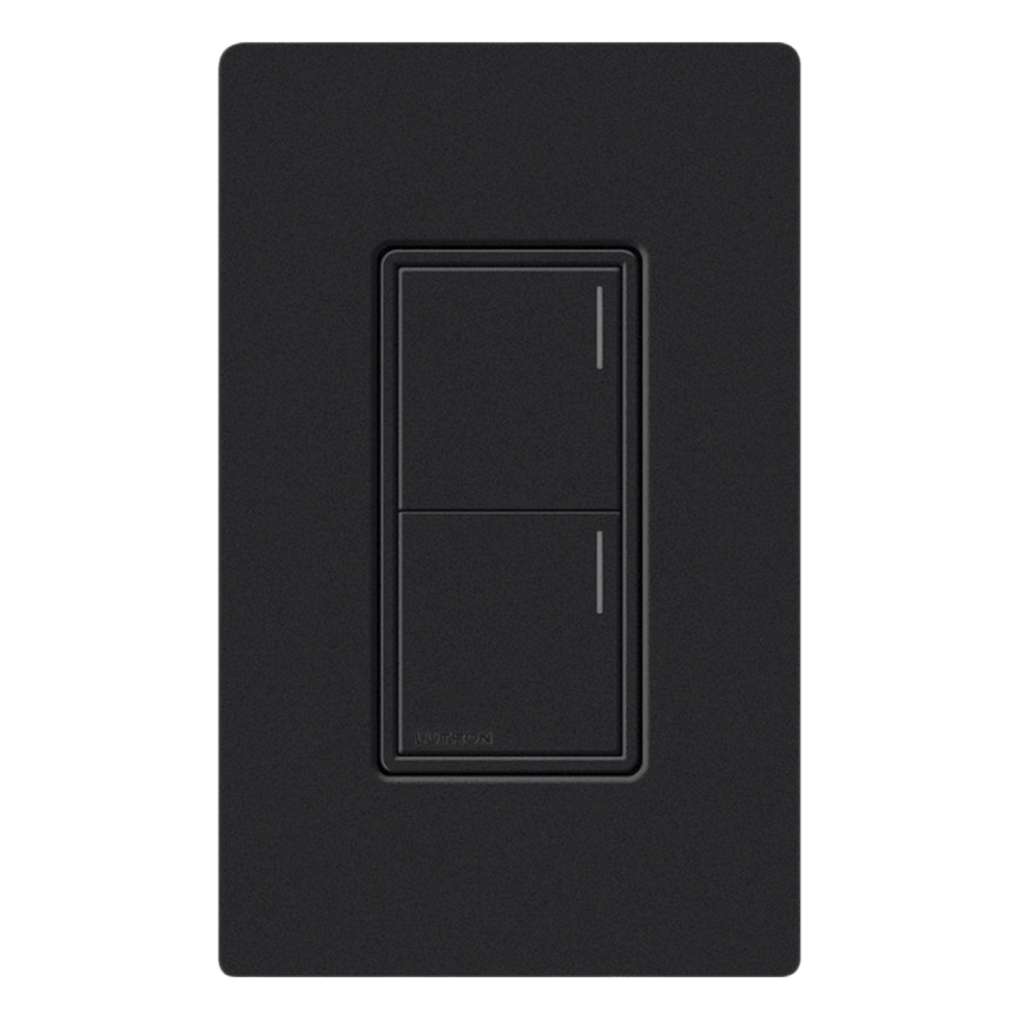 Teclado de pared Sunnata de 2 botones para escenas de luces, persianas y ventiladores, con barra luminosa ajustable, acabado satinado color medianoche, para el sistema RadioRA 3 — LUTRON RADIORA 3 · SKU RRSTW2BMN