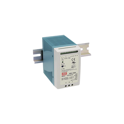 Fuente de Poder Riel DIN / 100W / Salida Dual 13.8V CC / Cargador de Batería Integrado / 87% Eficiencia / Convección Natural — MEANWELL · SKU DRC-100-A