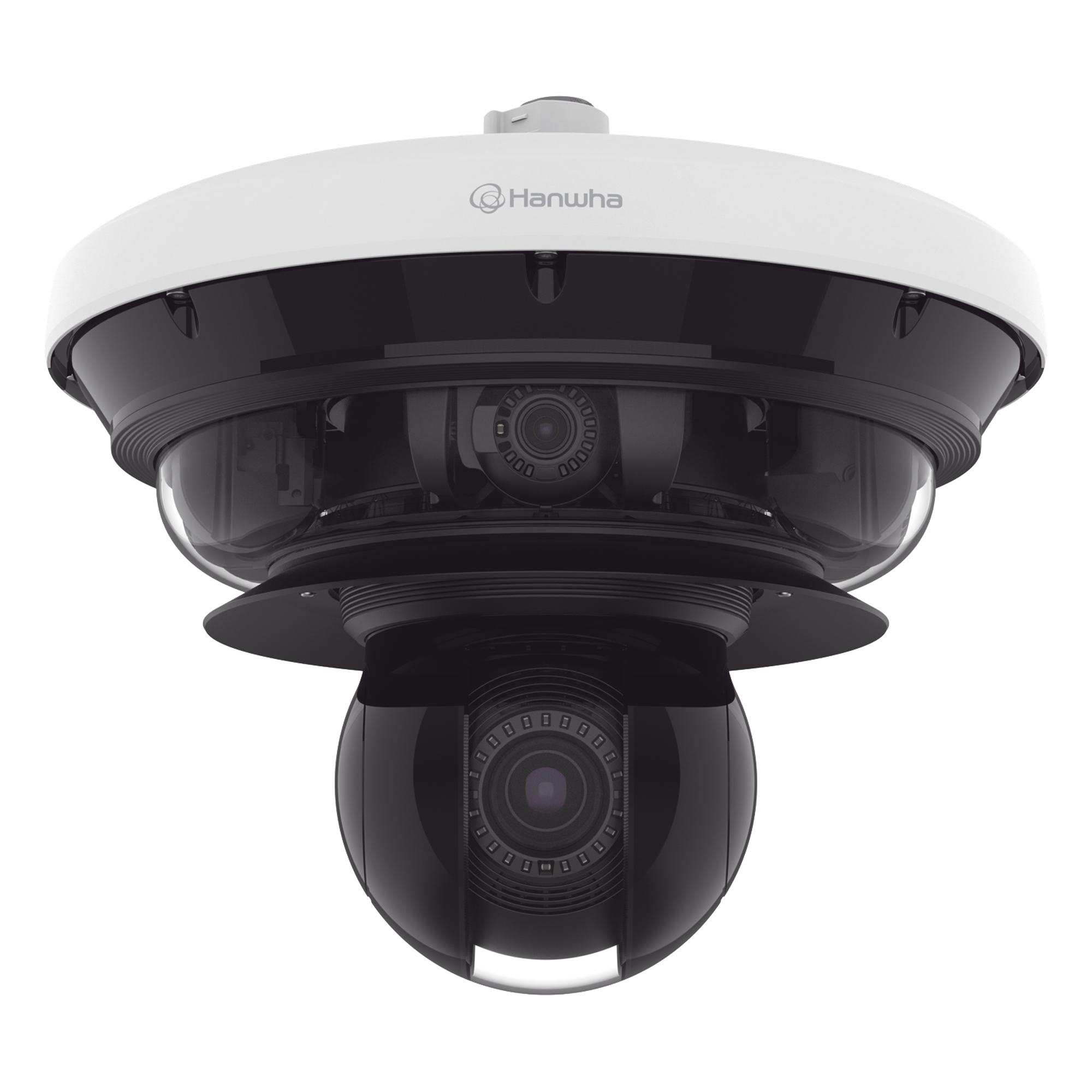 Cámara IP Multisensor 34MP (4 sensores 4K) con lentes motorizados / PTZ 2 MP 40X / Hasta 2 tarjetas MicroSD de 512GB / WDR de hasta 150dB / IP66 / IK10 / autoseguimiento / Inteligencia artificial para eventos — Hanwha Techwin Wisenet · SKU PNM-C34404RQPZ