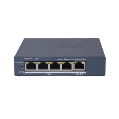 Switch Gigabit PoE+ / Monitoreable / 4 Puertos 1000 Mbps PoE+ / 1 Puerto 1000 Mbps Uplink / Configuración Nube Hik-PartnerPro / Modo Extendido hasta 300 Metros / 45 Watts — HIKVISION · SKU DS-3E1505P-EI/M