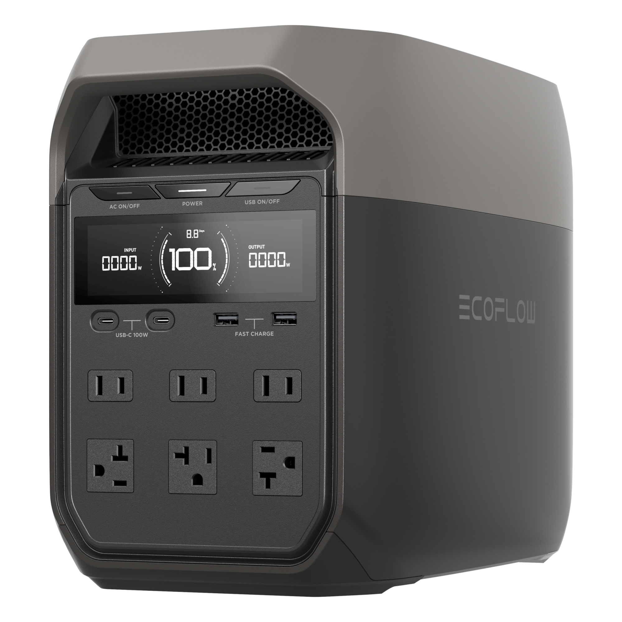 Estación de Energía Portátil Delta 3 1024Wh Litio LFP / 6 AC 1800 W (Max. 2600W con X-Boost) / 4 USB-C 100W / Capacidad para Aumentar Respaldo / Cargador de Coche 10A a 12.6V / Conectividad WiFi y Bluetooth (App) / Carga Solar 500W Max.
