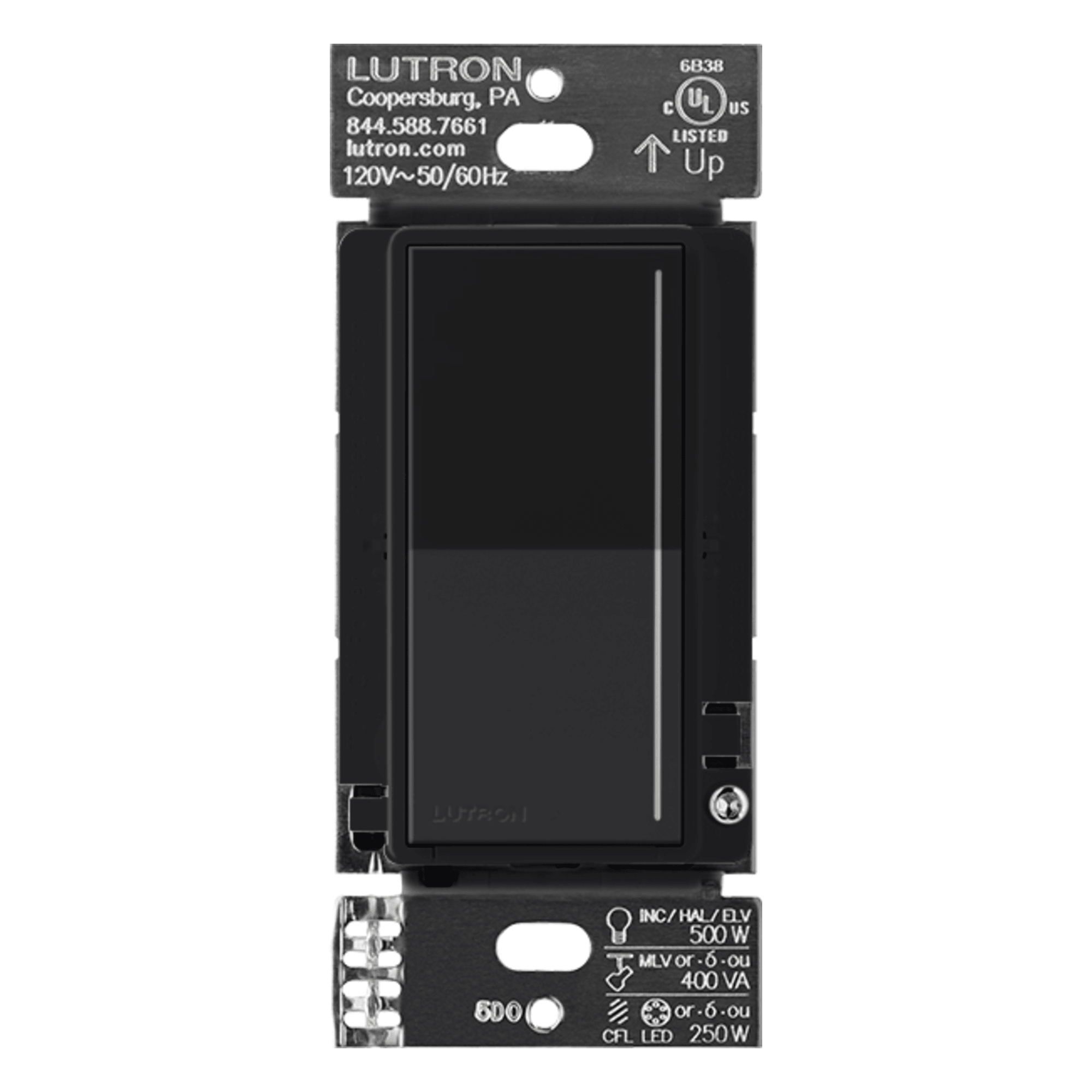 Atenuador de pared táctil Sunnata Pro LED+ con barra de luz, 250 W LED o 500 W incandescente a 120 V, requiere neutro, color negro Midnight satinado, para sistema RadioRA 3 — LUTRON RADIORA 3 · SKU RRSTPRONMN