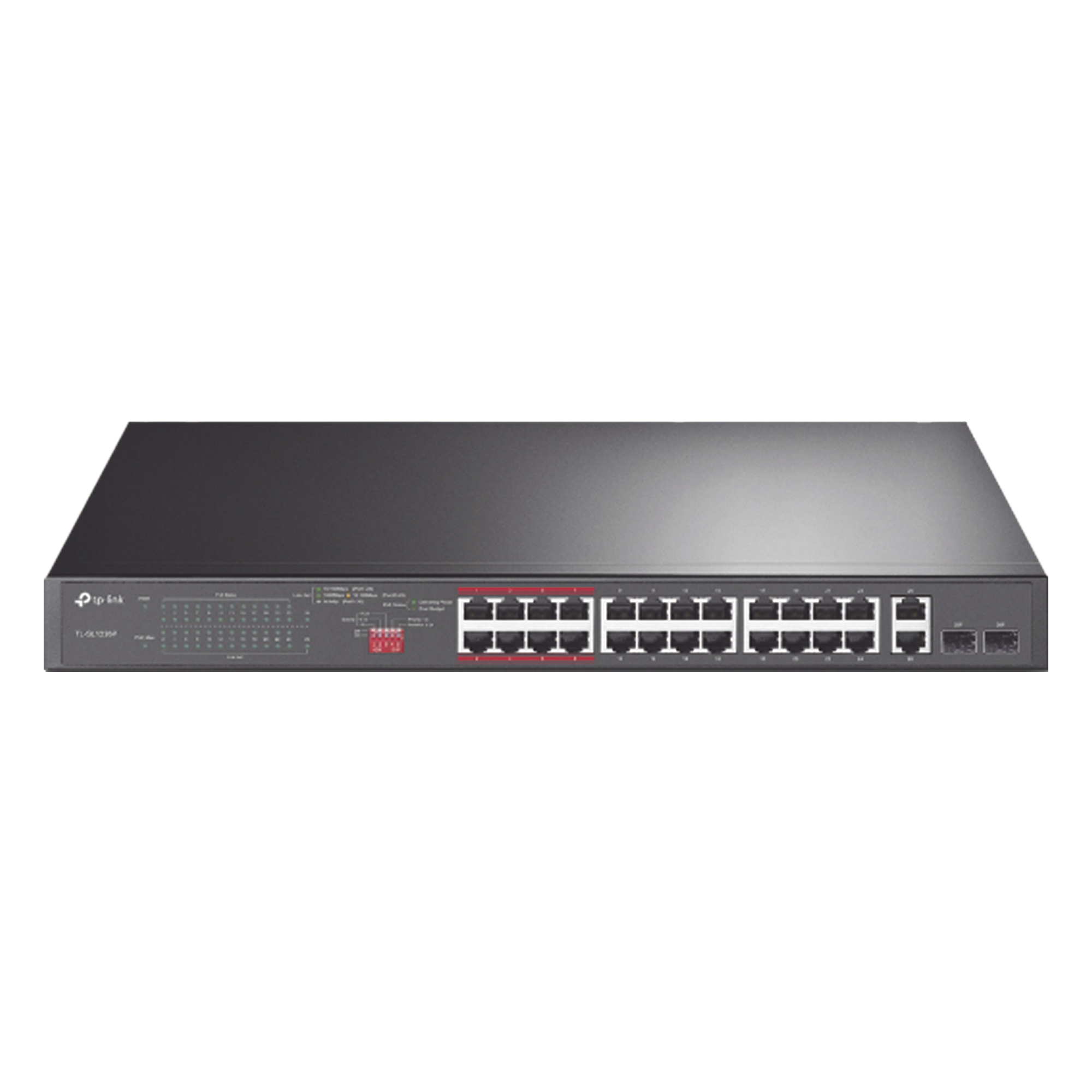 Switch No Administrable 24 Puertos PoE+ 10/100 Mbps / 2 Puertos 10/100/1000 Mbps + 2 Puertos SFP (combo) / Modo Prioridad de Tráfico / Modo Aislamiento de Red / Presupuesto PoE de 250 W / Diseño para Ideal para Vigilancia IP — TP-LINK · SKU TL-SL1226P