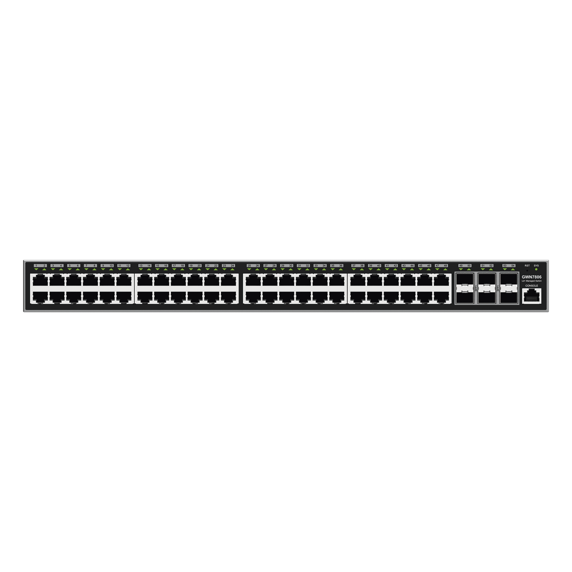 Switch Gigabit  Administrable / 48 puertos 10/100/1000 Mbps + 6 Puertos SFP+ / Compatible con GWN Cloud. — GRANDSTREAM · SKU GWN7806