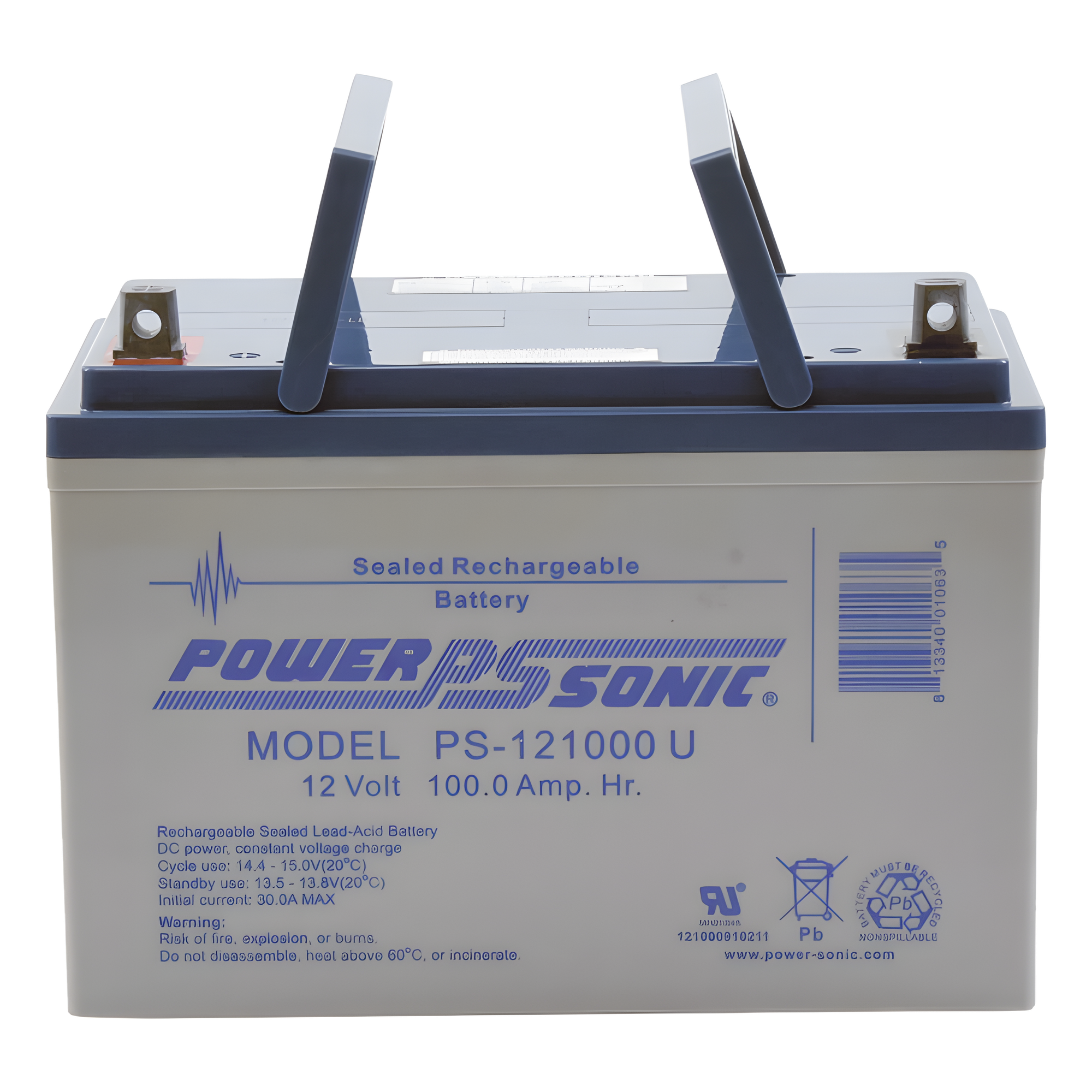 Batería 12V, 100AH, Para Respaldo, Tecnologías AGM/VRLA, 10-12 Años Vida Útil, Terminales U, Reconocida UL — POWER SONIC · SKU PS-121000-U