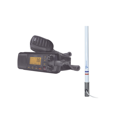 Kit de radio UM385BK | mas antena marina de fibra de vidrio TX-5101SYS/10M fabricada en fibra de vidrio con base roscable de acero inoxidable — UNIDEN · SKU UM-385BK/KIT5101