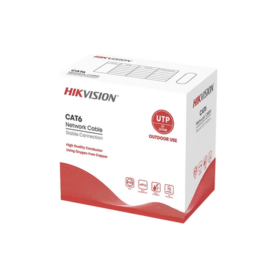Bobina de Cable UTP 305 Metros (1000 Pies) / Cat 6 (24 AWG) / Color Negro / Uso en Exterior / 100% Cobre / Aplicaciones de CCTV y Redes de Datos — HIKVISION · SKU DS-1LN6OUTPE
