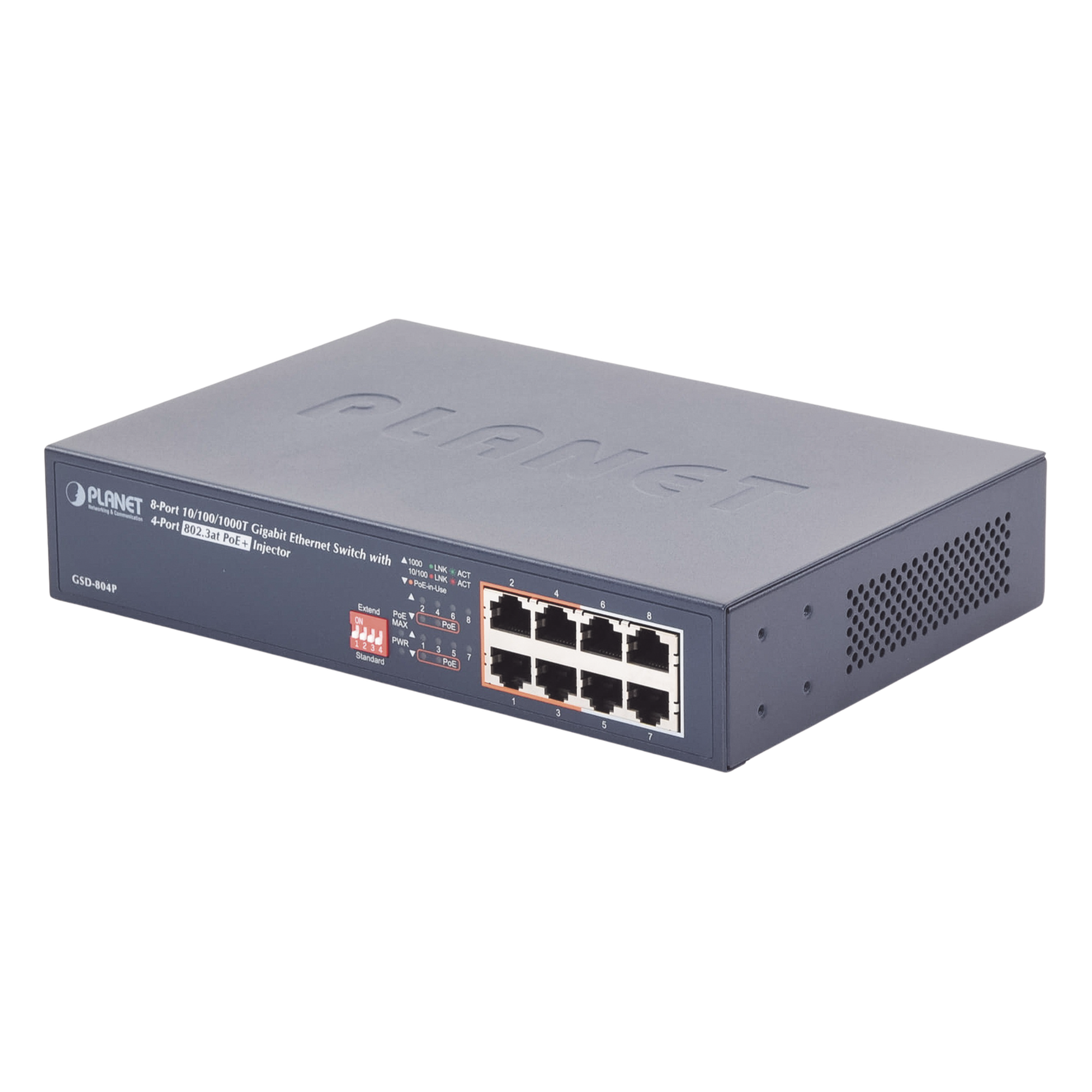 Switch PoE no Administrable, 8 Puertos 10/100/1000 Mbps con 4 Puertos PoE 802.3af/at, Modo Extender Hasta 250 mts — PLANET · SKU GSD-804P