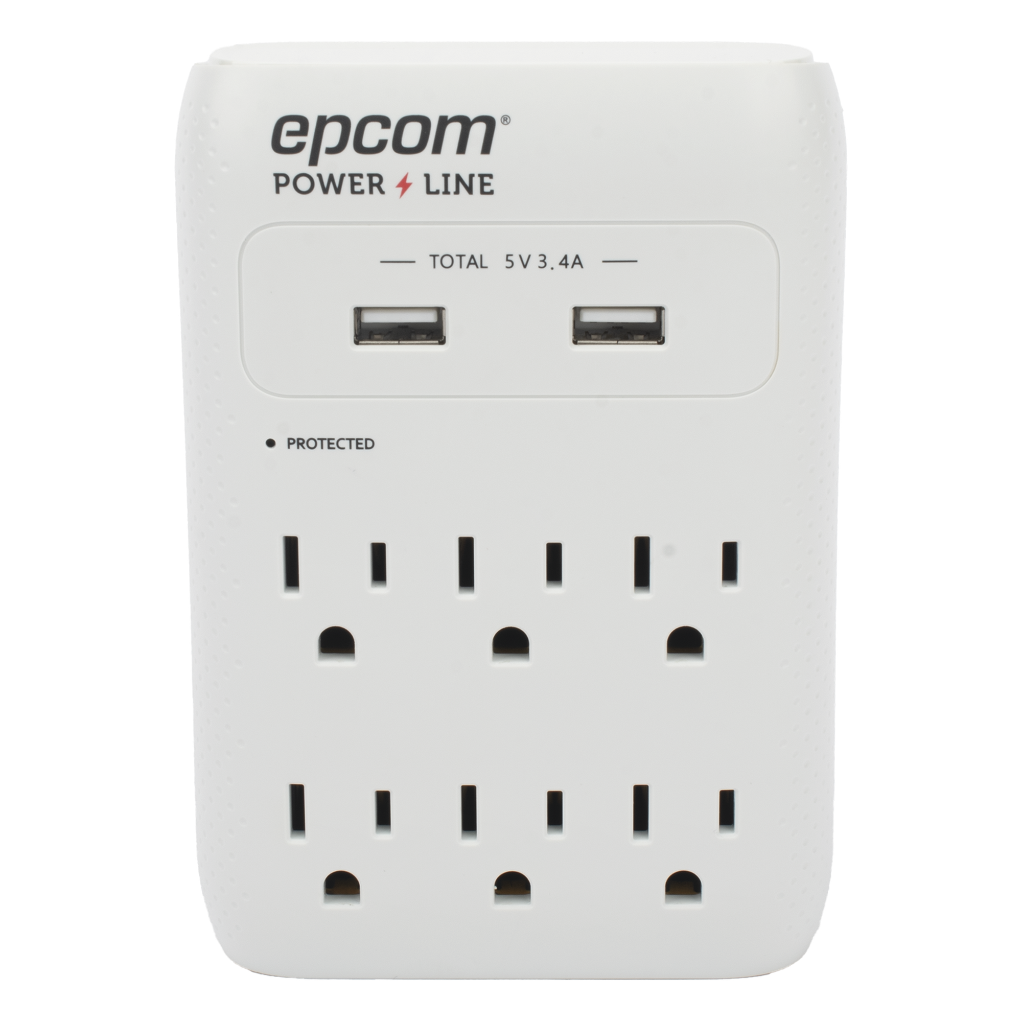 Multicontacto de Pared 110 Vca / Supresor de Picos 1080 Joules / 6 x Nema 5-15P / 2 x USB (5V @3.4A) — EPCOM POWERLINE · SKU EPLSPWUSB