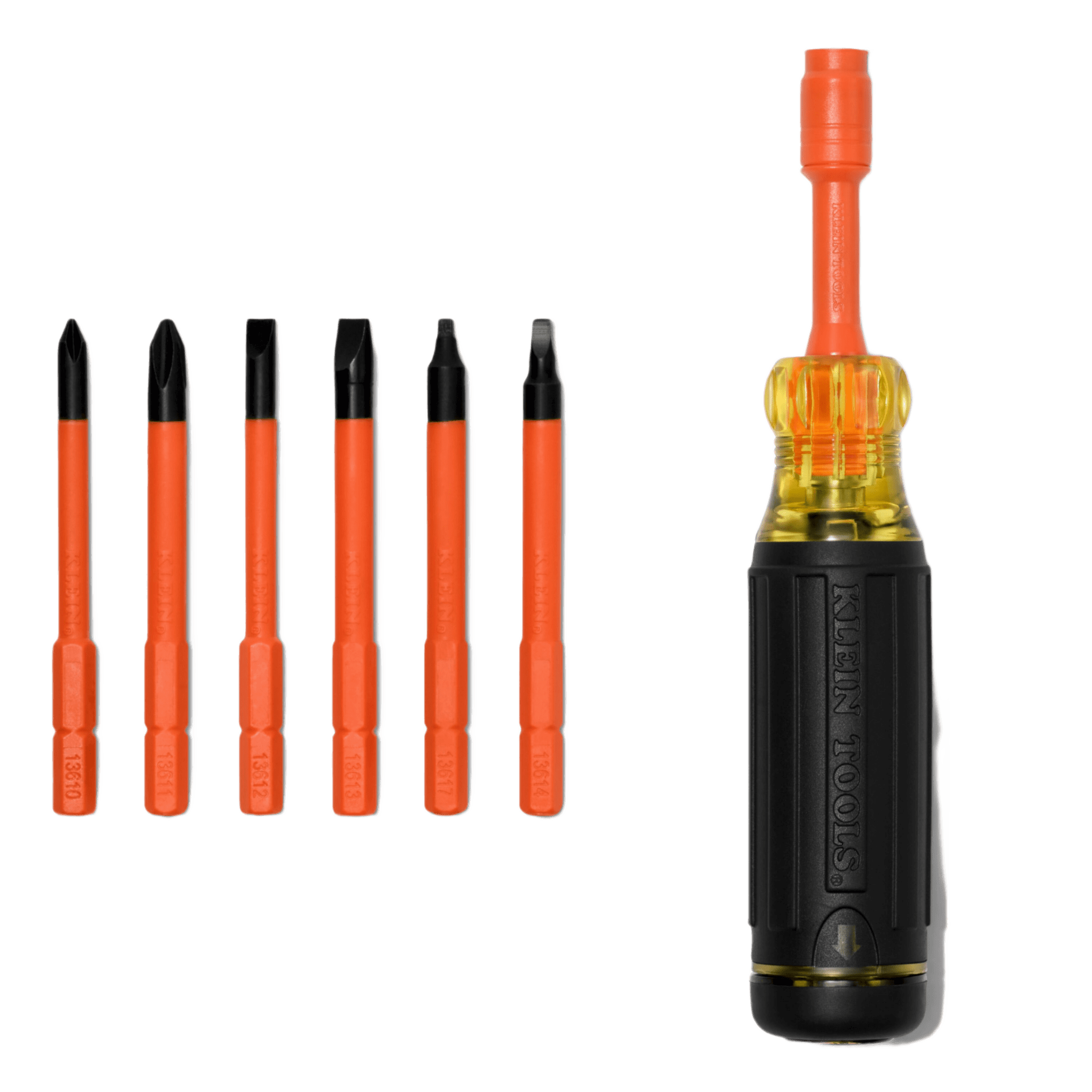 Destornillador Aislado 6-en-1 Auto-Lock / Aislado 1000V CAT III / Almohadilla de agarre / Almacenamiento de brocas integrado / Bits Philips #1 #2 / Slotted 3/16" 1/4" / Square #1 #2