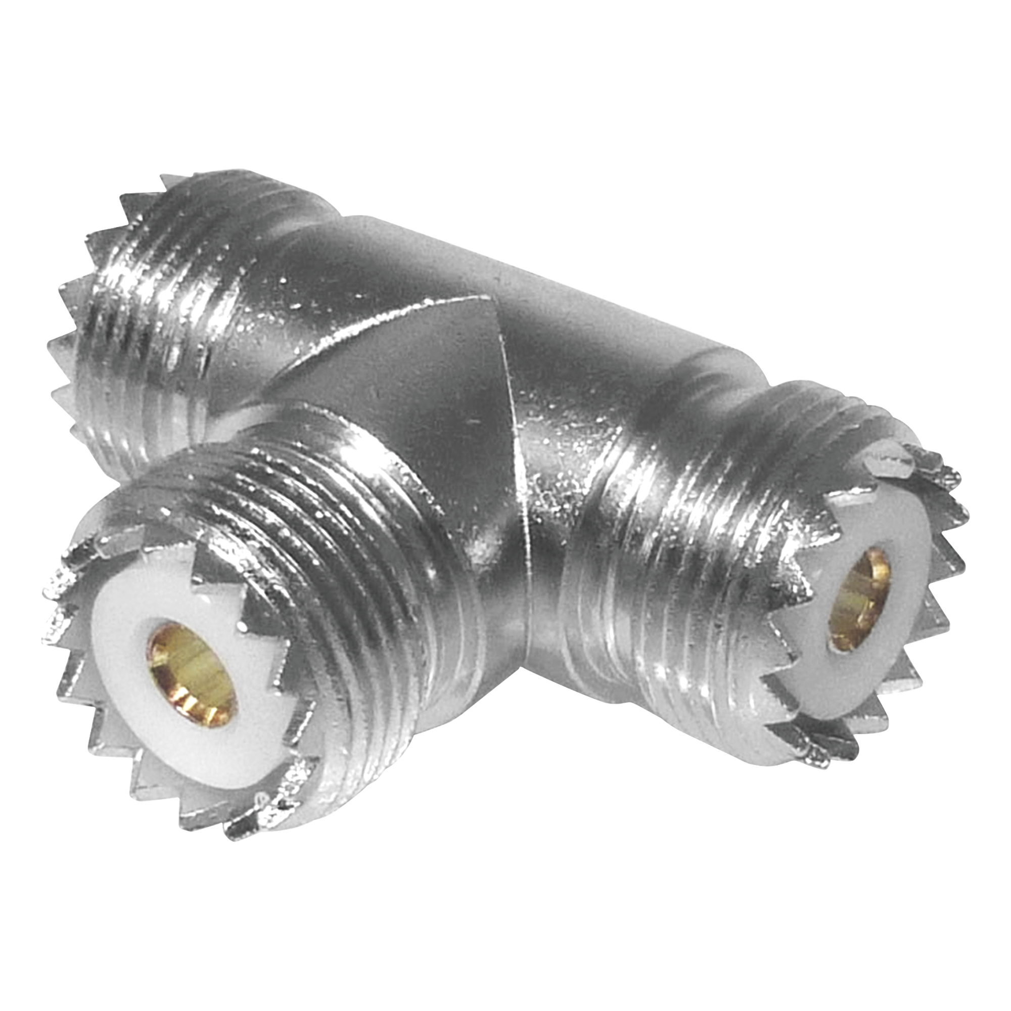 Adaptador en forma T, de Conector UHF Hembra (SO-239) a Doble Conector UHF Hembra, Níquel/ Plata/ Delrin. — RF INDUSTRIES,LTD · SKU RFU-534