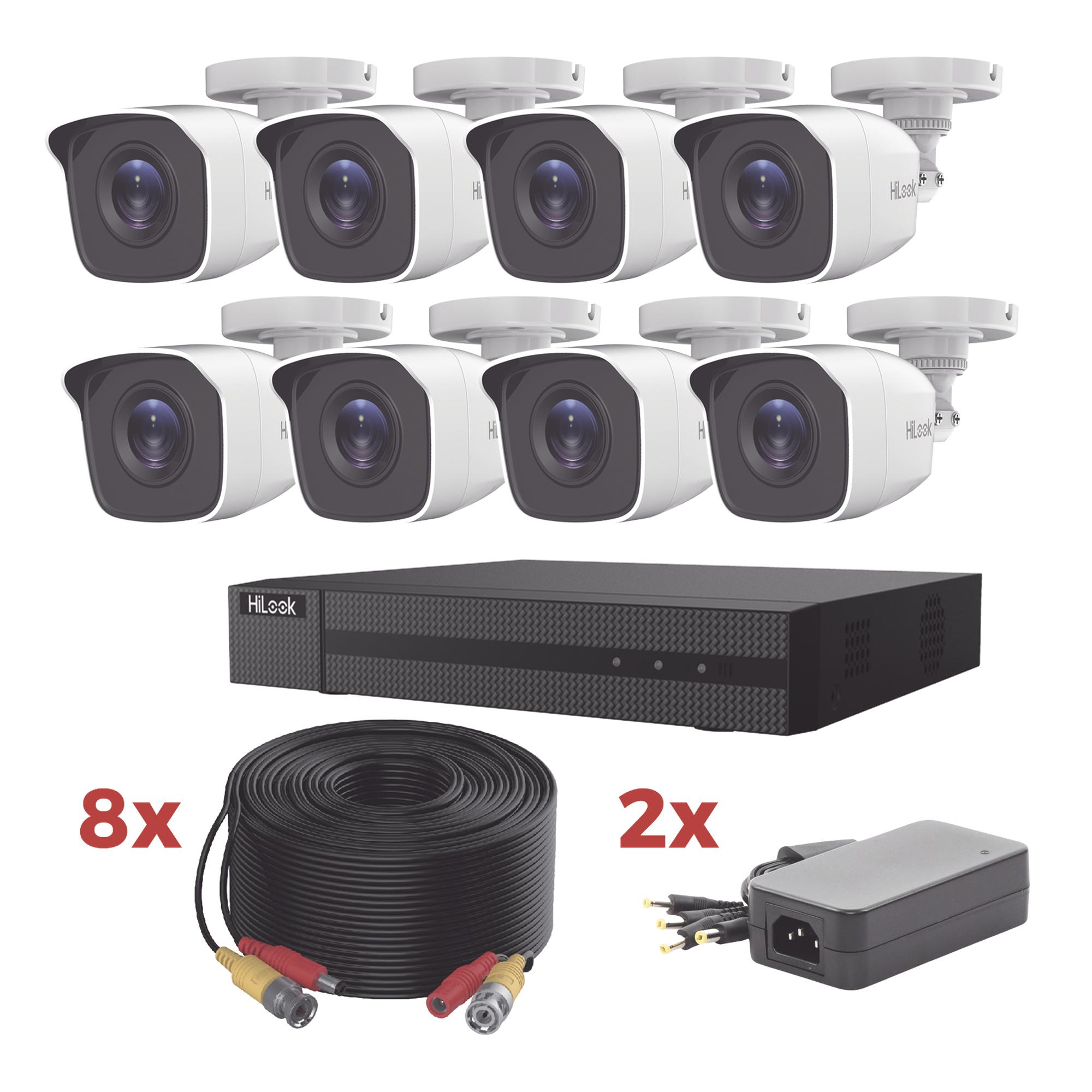 Kit TurboHD / DVR 8 Canales 1080p Lite / 8 Cámaras bala 1080p metalicas / 8 cables de 20 metros / 2 fuentes de 4 canales — HiLook by HIKVISION · SKU HL1080P8B
