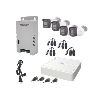 Kit HiLook Audio Bidireccional TurboHD 1080p / DVR Metalico 4 Canales / 4 Cámaras Bala (Exterior) con Bocina y Micrófono Integrado / 1 Fuente de Poder / Accesorios — HiLook by HIKVISION · SKU HL-1080P-4B-TWA