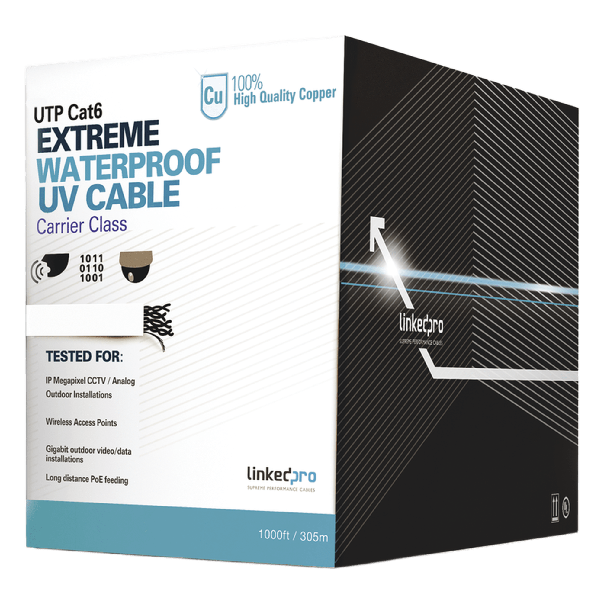 Bobina de Cable UTP Cat6 para Exterior en Color Blanco / 305 Metros (1000 Pies) / Certificada UL / Sin Blindaje — LINKEDPRO BY EPCOM · SKU PRO-CAT-6-EXT-LITEW