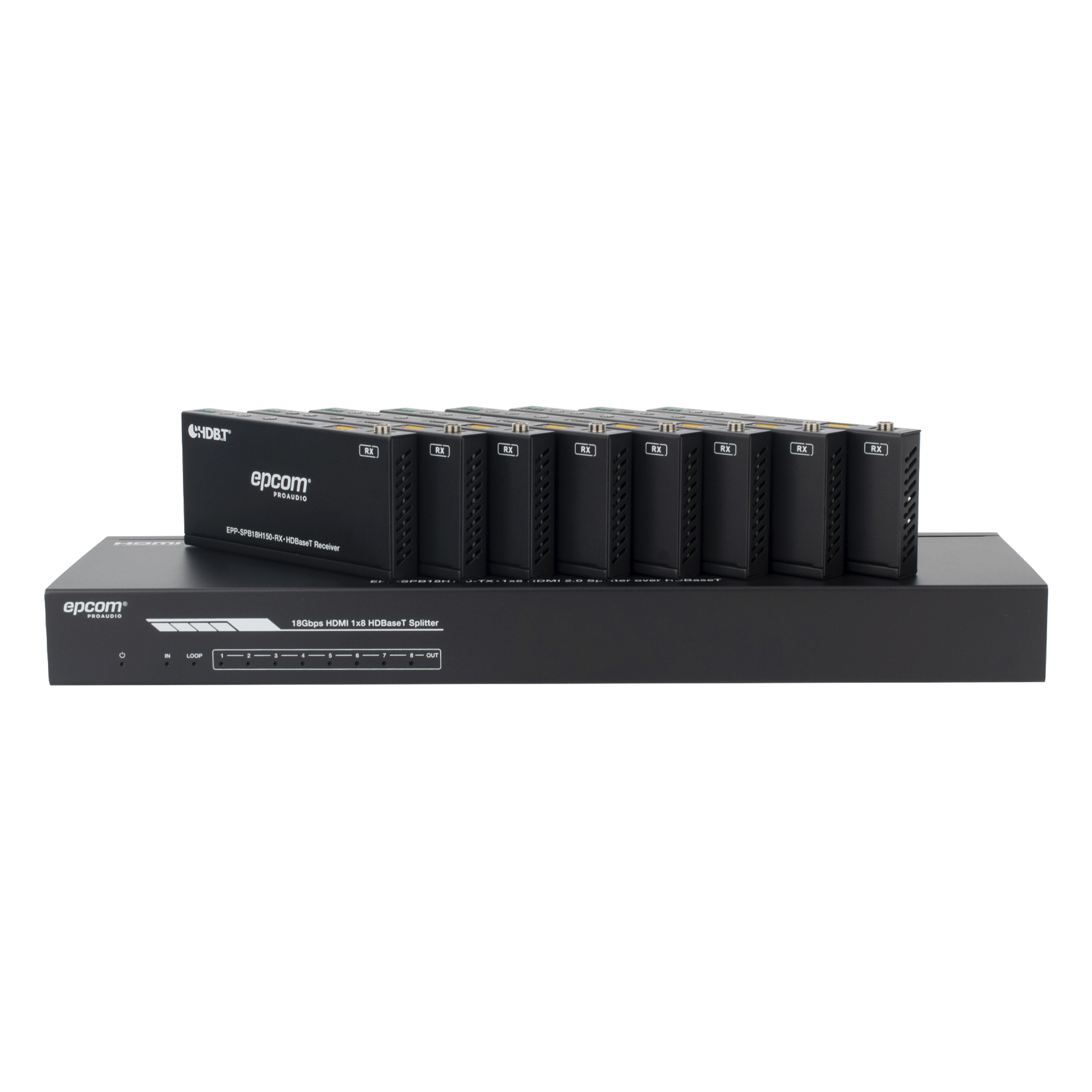 Splitter mas Extensor de Video | 1x8 | ProAV | HDBaseT™ | 120m en 4K@60Hz | 150m en 1080p@60Hz | Cat6/6a/7 | Gestión Avanzada EDID | Control IR y RS232 | PoC | Salida de Audio — EPCOM PROAUDIO · SKU EPP-SPB18H150