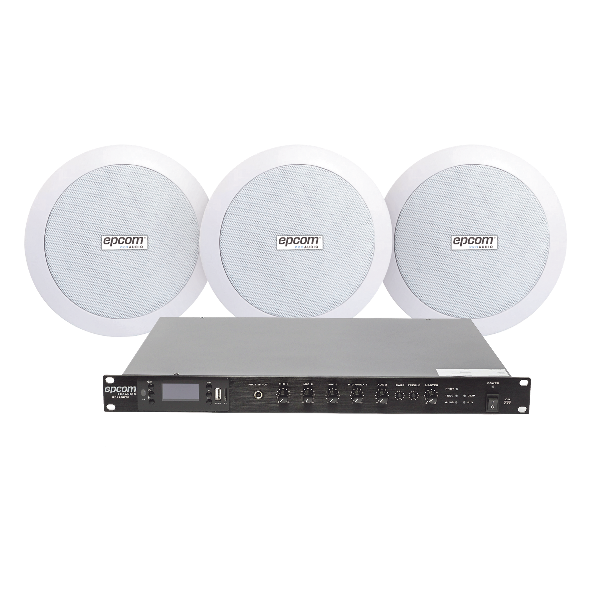 KIT de Amplificador de 120W para Rack SF120DTB | 3 Altavoces de Plafón de 5.5in SF-206P | 3.75 - 30W | Sistema 70/100V — EPCOM PROAUDIO · SKU SF120DTB/3CS