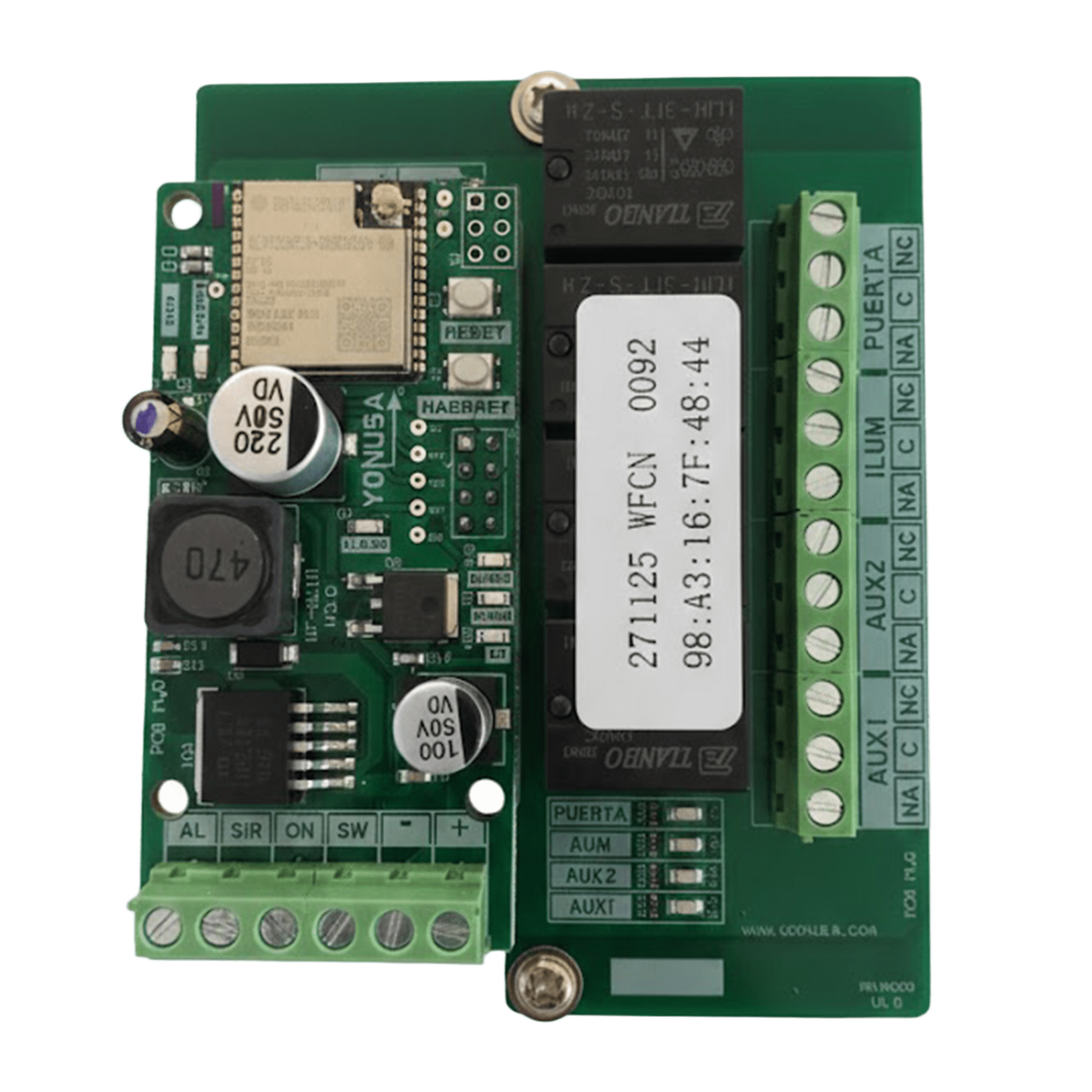 Tarjeta de Comunicación Wi-Fi / Control Remoto de Cercos Eléctricos / Salidas de Relé ON-OFF / Aplicación Yonussa Plus / Configuración WiFi 2.4GHz / 5 Salidas de Control