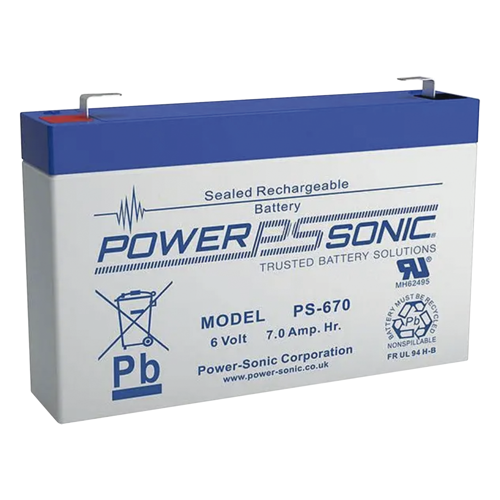 Batería 6V, 7AH, Para Respaldo, Tecnologías AGM/VRLA, 5 Años Vida Útil, Terminales F1, Reconocida UL — POWER SONIC · SKU PS-670-F1