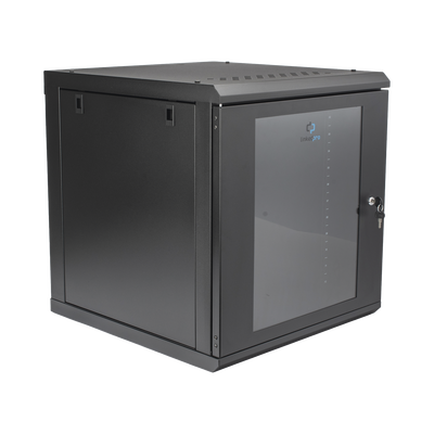 Gabinete Rack de Pared 12 Unidades / 19 Pulgadas / Ventilado / Puerta de Vidrio / Acero Calibre 18 / Carga 100 Kg / 635 x 606 x 612 mm (25 x 23.9 x 24.1 in) / Pintura Electrostática / Negro