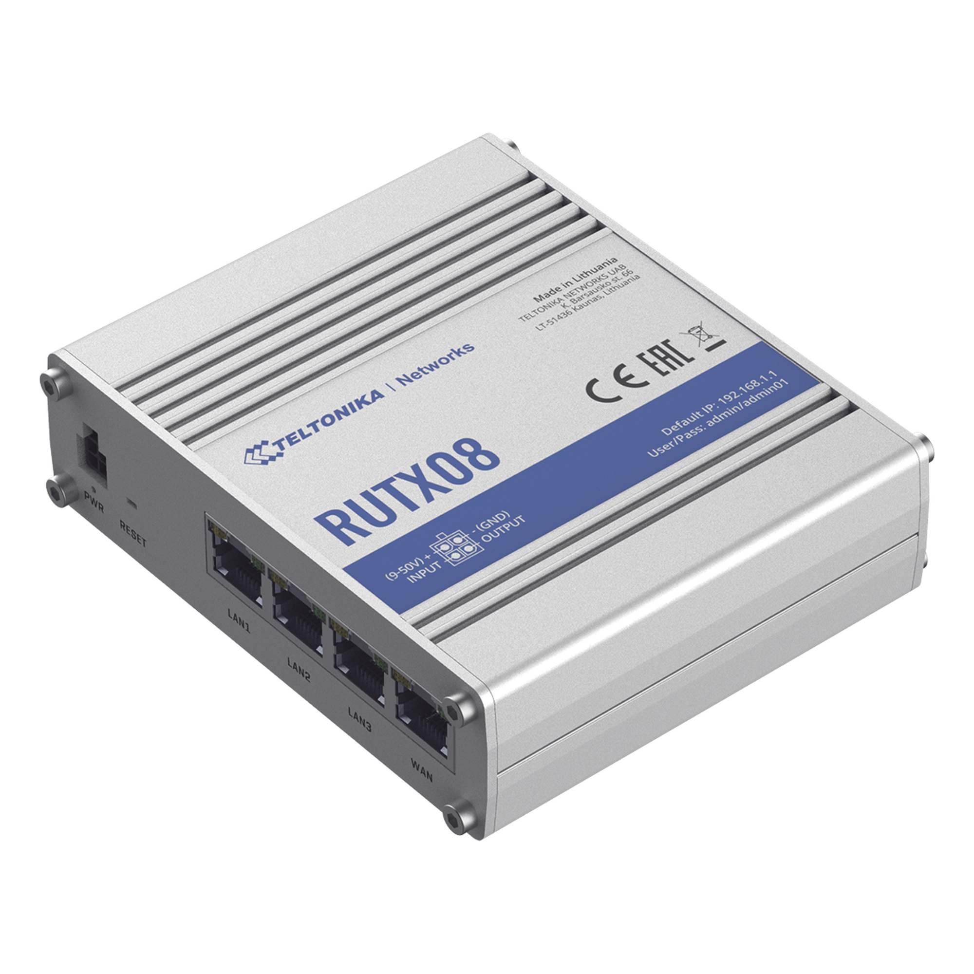 Router Industrial Ethernet VPN / 4 Puertos Gigabit / Quad-Core 717 MHz / 256 MB RAM / RMS / -40°C a 75°C — TELTONIKA · SKU RUTX08