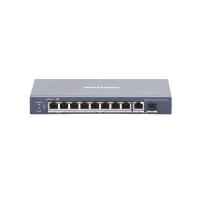 Switch PoE+ / No Administrable / 7 Puertos 1000 Mbps 802.3 af/at (30 W) / 2 Puertos 1000 Mbps Hi-PoE (90 W) / 1 Puertos 1000 Mbps Uplink / 1 Puerto SFP / Modo Extendido hasta 300 Metros / 110 Watts