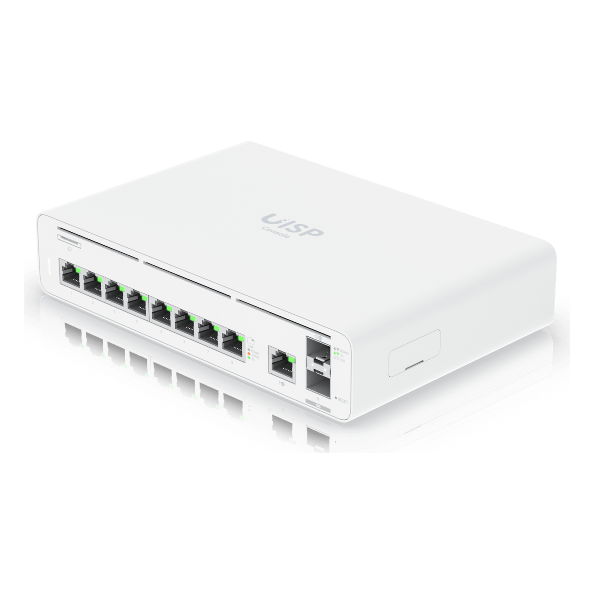 Consola UISP de Ubiquiti / Gateway y Switch de Red Gigabit / Controlador con Plataforma UISP para gestión remota de WISP (airMAX, airFiber, uFiber, LTU, edgeMAX, airCube) / 128 GB SSD / (1) WAN 1GbE / (1) WAN SFP+10G / (8) puertos LAN GbE RJ45 — UBIQUITI · SKU UISP-CONSOLE