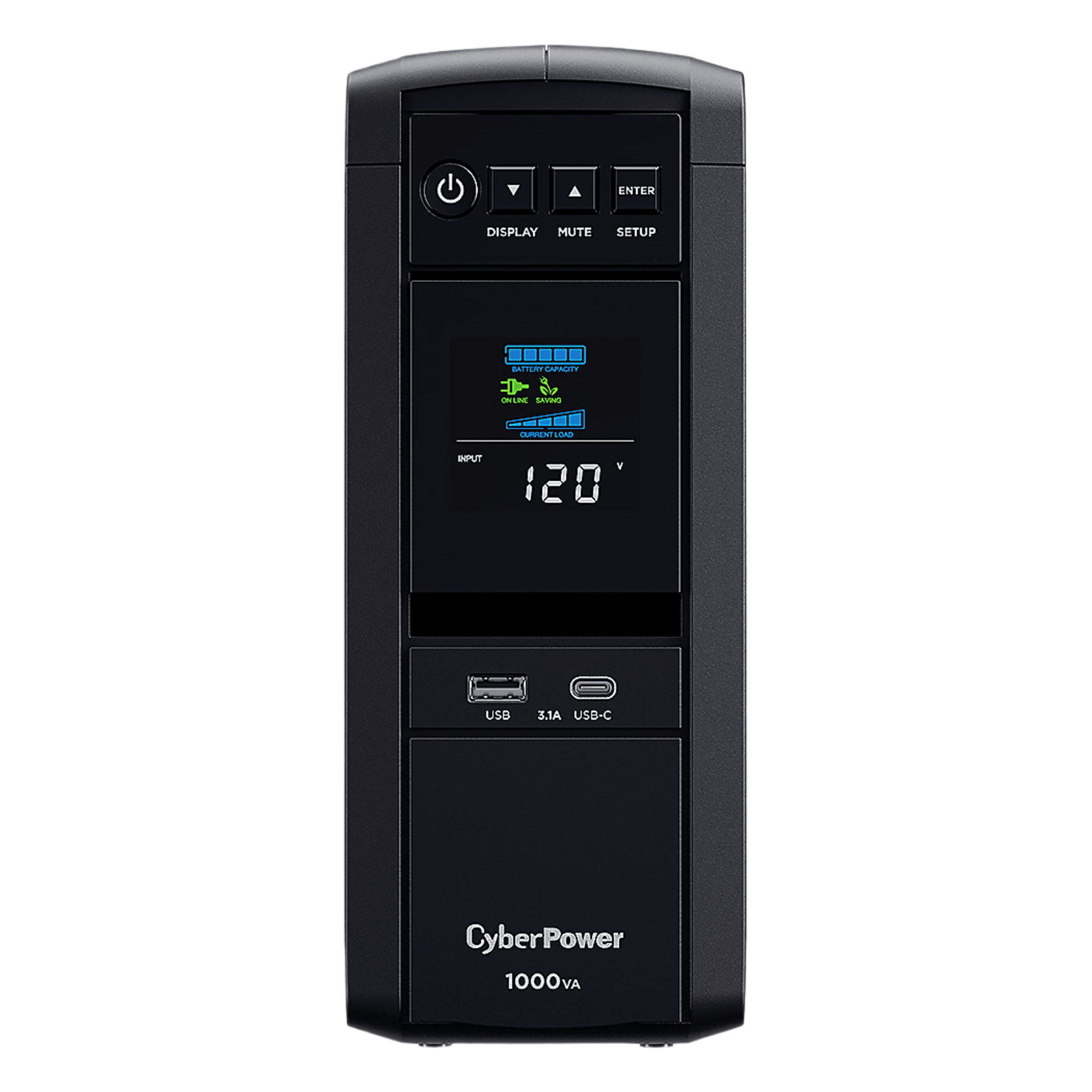 UPS de 1000 VA/600 W, Topología Línea Interactiva, Entrada 120 Vca NEMA 5-15P, Onda Senoidal Pura, Tipo Torre, Con 10 Tomas NEMA 5-15R — CYBERPOWER · SKU CP1000PFCLCDA