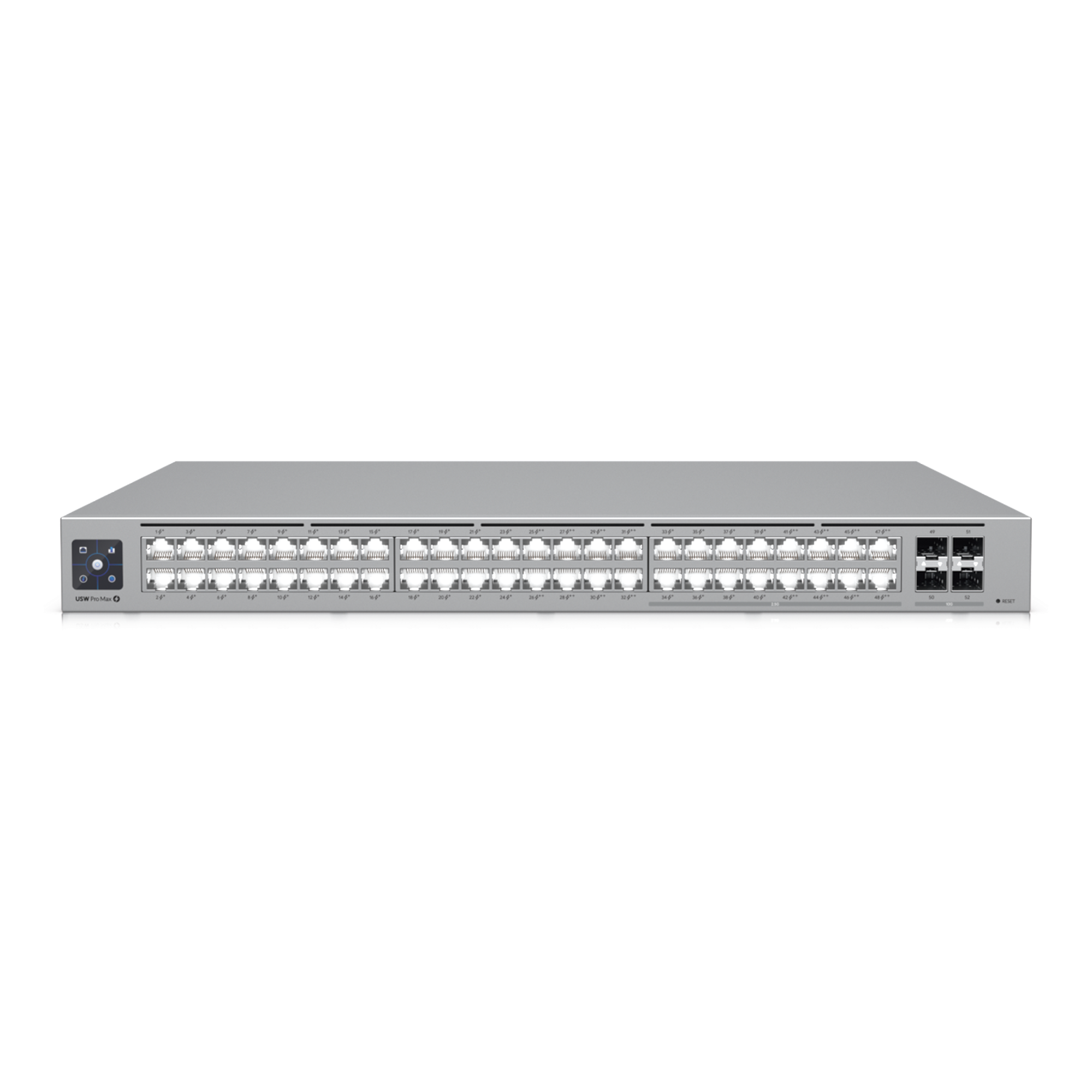 Switch administrado capa 3 / 48 puertos / 16x 2.5 GbE + 32x 1 GbE / 2x SFP+ 10G / PoE++ 720W / Pantalla táctil 1.3" — UBIQUITI · SKU USW-PRO-MAX-48-POE