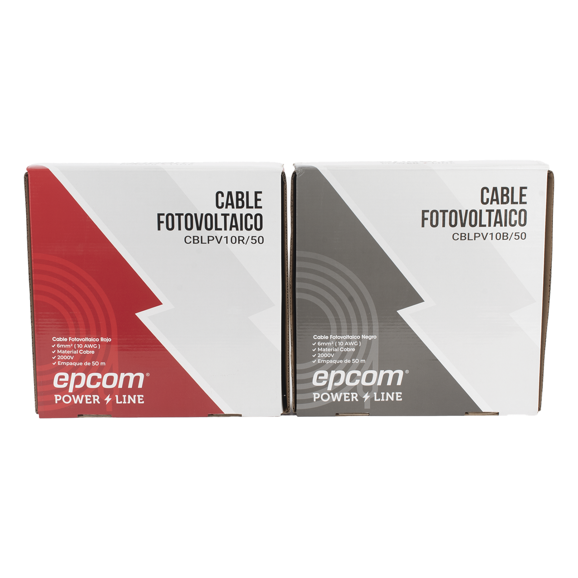 Kit de 2 rollos de 50 metros de cable fotovoltaico de cobre, rojo y negro, calibre 10 AWG (6mm²), Tipo PV, 1000/2000 V y 120°C. — EPCOM POWERLINE · SKU KIT2CBLPV10RB/50
