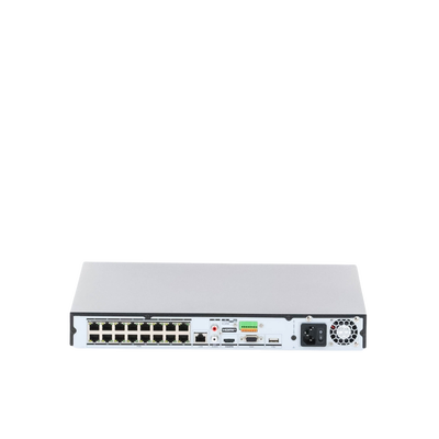 NVR 12 Megapixel (4K) / 16 Canales IP / 16 Puertos PoE+ / Reconocimiento Facial / AcuSense (Evita Falsas Alarmas) / 2 Bahías de Disco Duro / Switch PoE 300 mts / HDMI en 4K / Alarmas I/O / 300 Metros PoE Modo Extendido