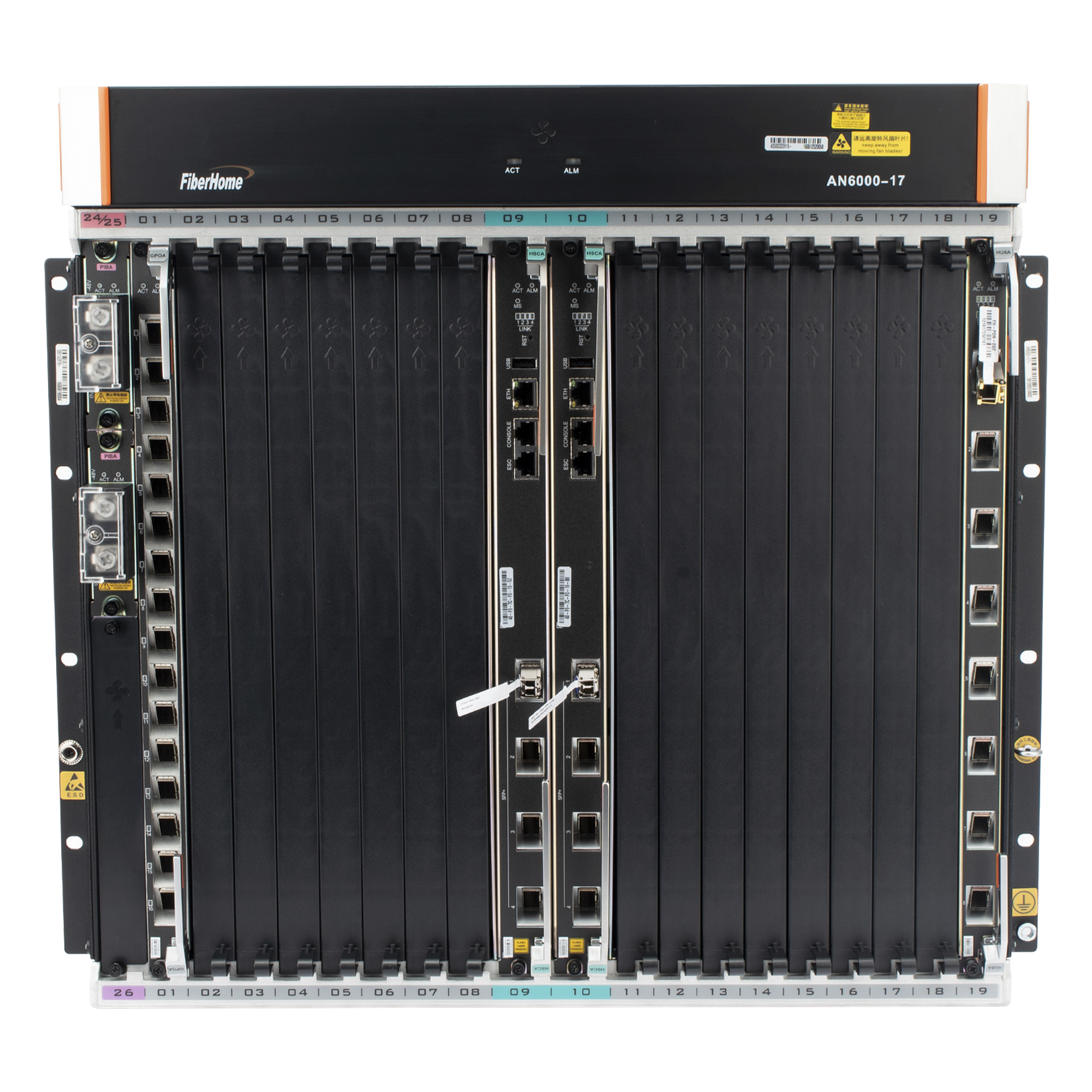 OLT Carrier Class Modular GPON, 16 Ranuras de Servicio, Incluye 1 Tarjeta de Servicio, crecimiento hasta 256 puertos GPON o 128 XGPON, Gestión por UNM2000, CLI, (Incluye Instalación de Software UNM2000) — FIBERHOME · SKU AN6000-17