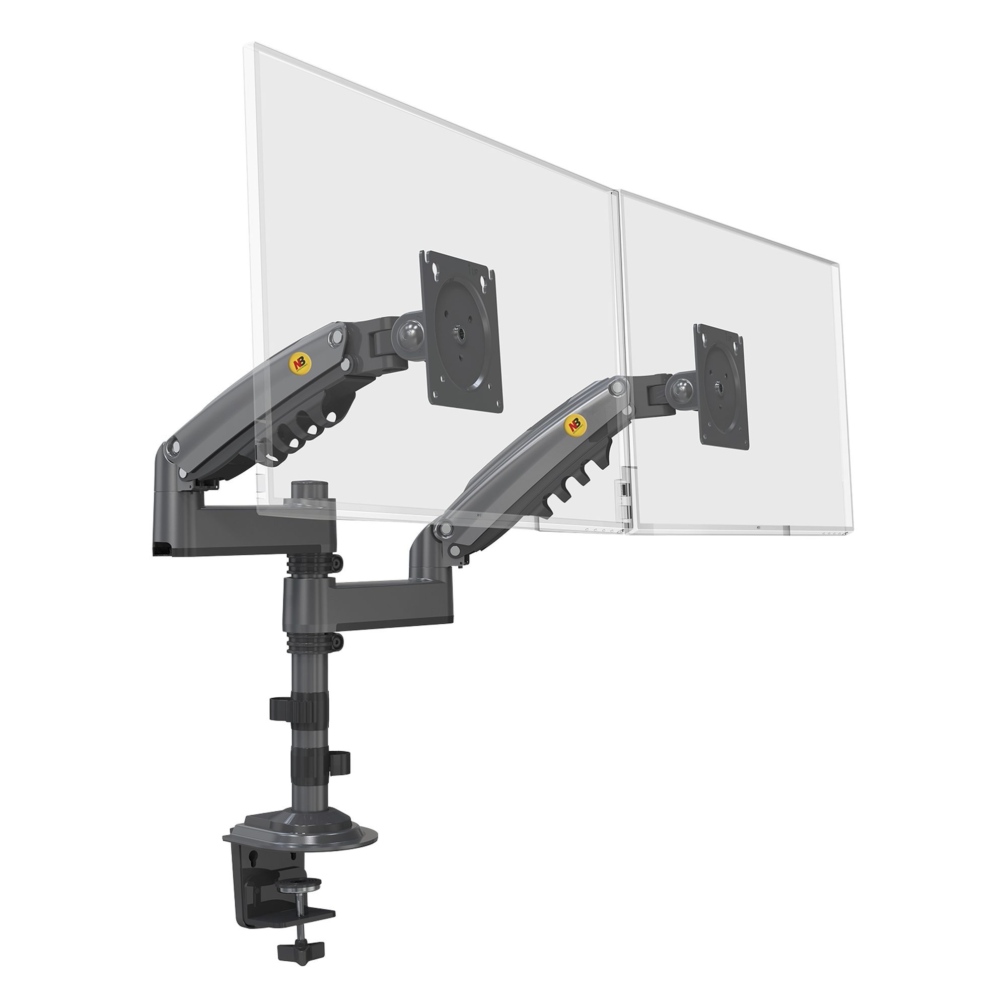 Montaje de Escritorio articulado para 2 monitores de 17 a 27" /  Soporta hasta 9kg por monitor / Vesa 75 x 75 / 100 x 100 / Acero / Rotación: 360° — NB-EPCOM · SKU H180GNB