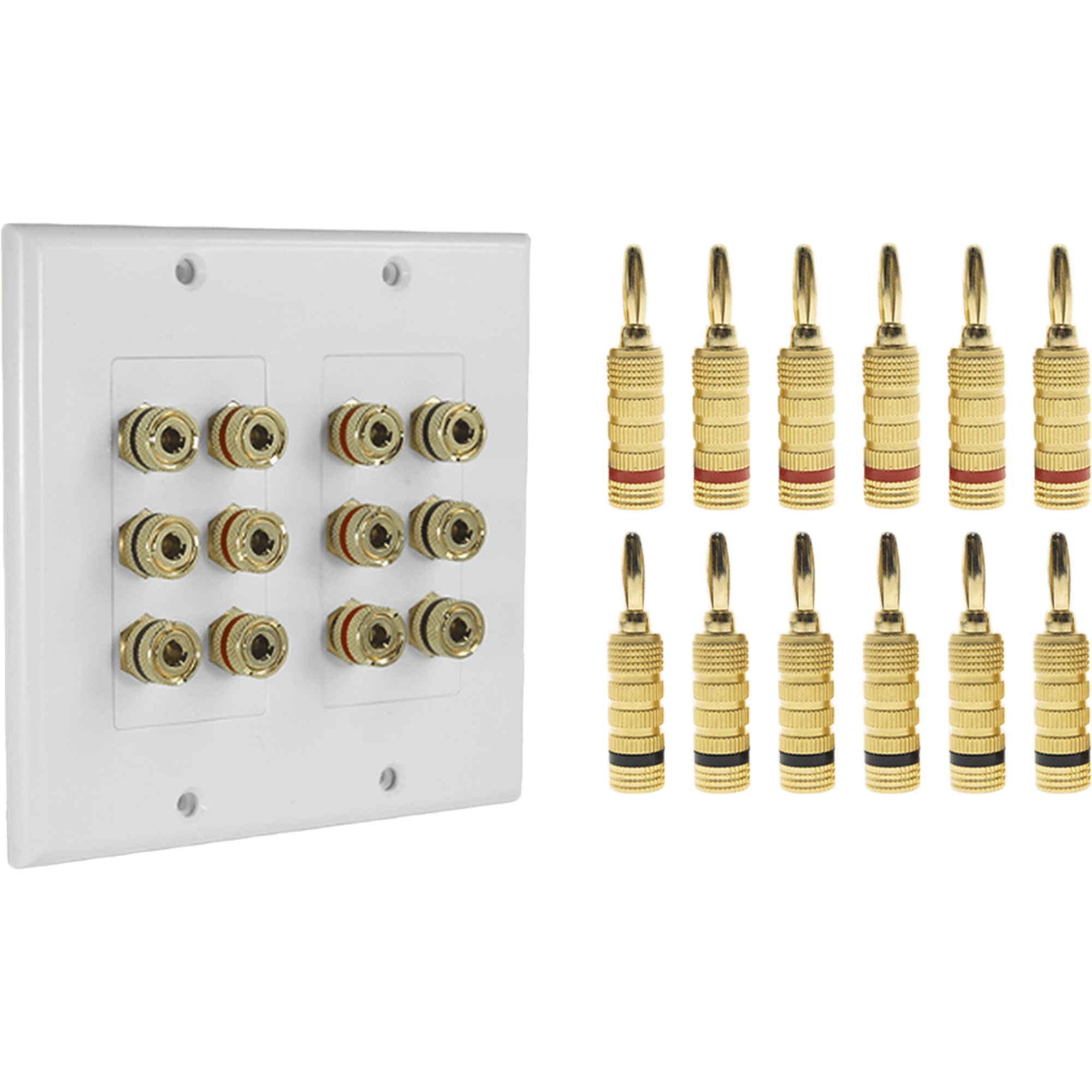 KIT 1 Placa de Pared + 6 Pares Conectores Banana (Rojo+Negro) | Postes de Unión Tipo Banana | Conexión para 6 Altavoces | Fácil Instalación | Conectores Chapados en Oro — EPCOM PROAUDIO · SKU EP-WP6S-KIT