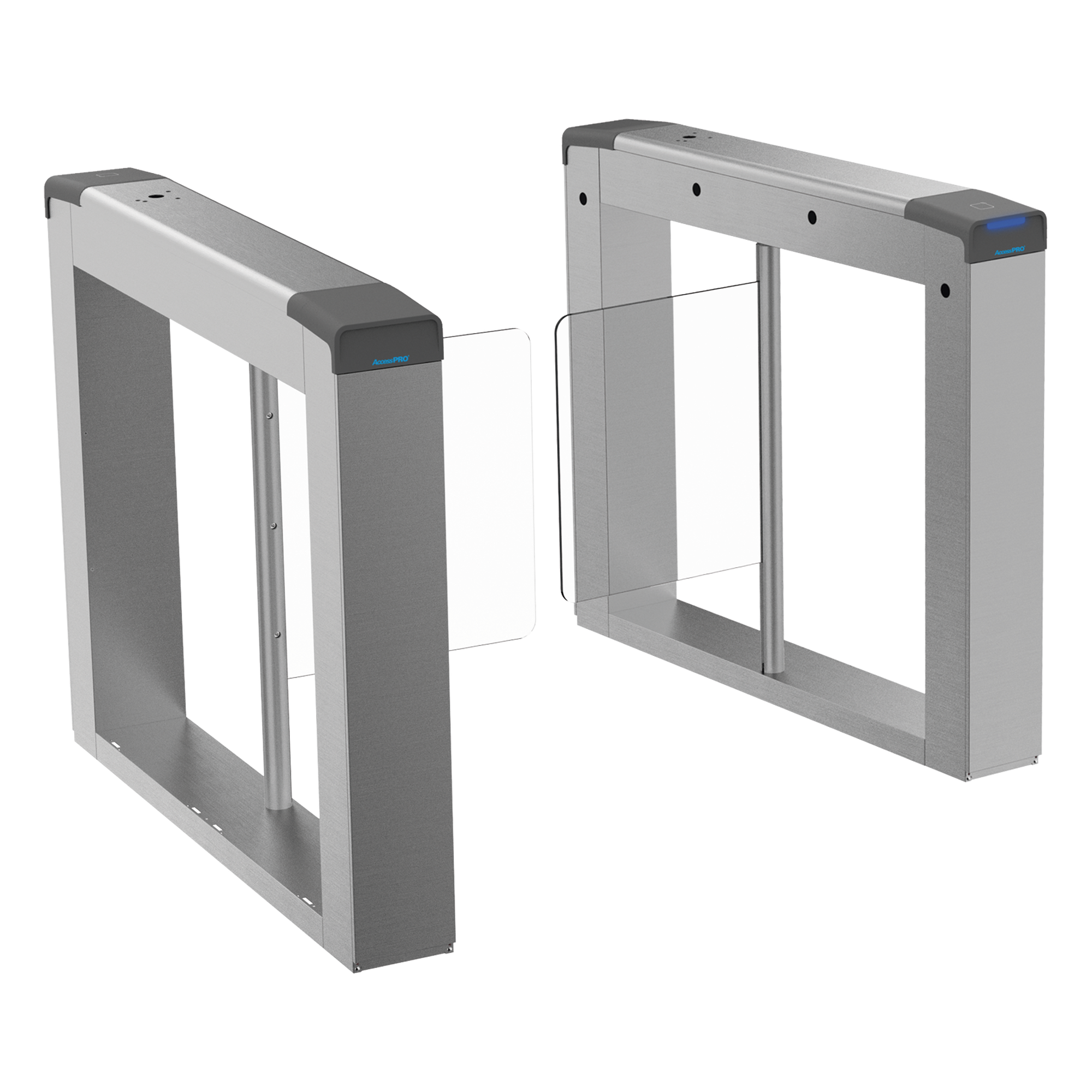 Torniquete Swing para EXTERIOR / Compatible con Reconocimiento Facial / Carril de 90 cms / Acero Inoxidable SUS304 / Motor Brushless / Capacidad 20-60 Personas por Minuto / 3,000,000 MCBF / Perforaciones listas para montaje DS-KAB6ZU1 No Incluido — ACCESSPRO · SKU AP-8000HD-E