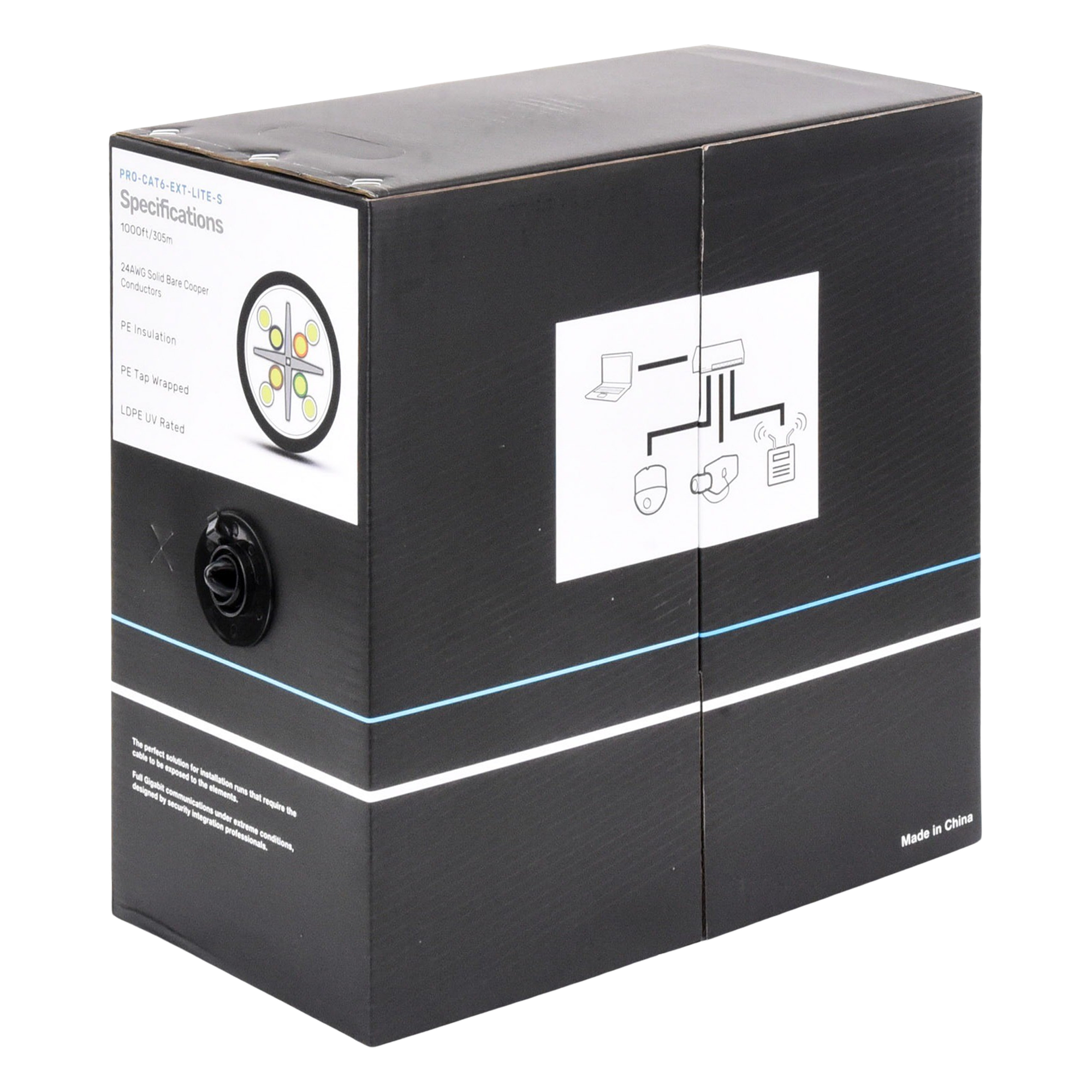 Bobina de Cable 305 Metros (1000 Pies) Cat6, 24 AWG, Climas Extremos, Color Negro, Sin Blindar, para Intemperie