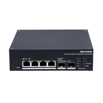Switch Industrial con UPS / Administrable Gigabit / 3 Puertos Gigabit PoE+ (30 W) + 1 Puertos Gigabit PoE++ (90 W) / 2 Puertos SFP / 120 W Total / 48 a 57 VCD / Ideal para Proyectos / 300 Metros de Distancia — HIKVISION · SKU DS-3T1506HP-EI-UPS