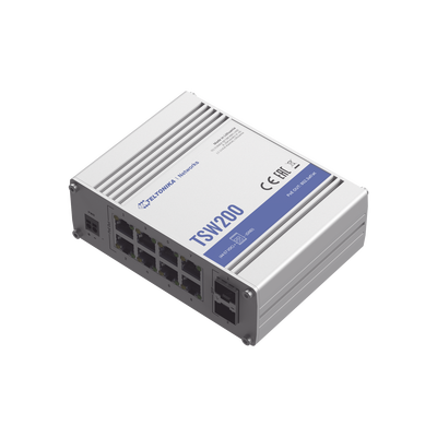 Switch Industrial No-Administrable 8 puertos Gigabit PoE 802.3af/at, 2 puertos SFP — TELTONIKA · SKU TSW200