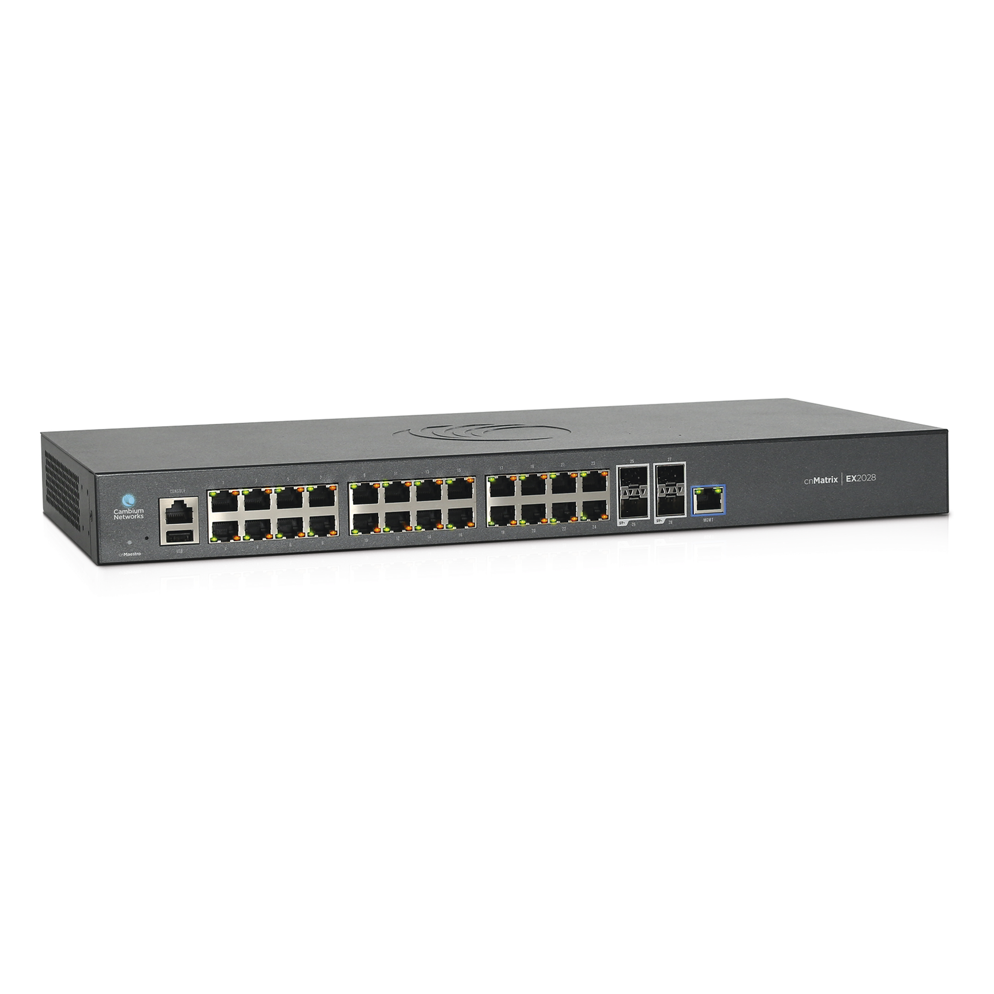 Switch cnMatrix EX2028-P capa 3 de 28 puertos (24 PoE Gigabit 802.3af/at, 4 SFP+) administración desde la Nube (MX-EX2028PxB-U)